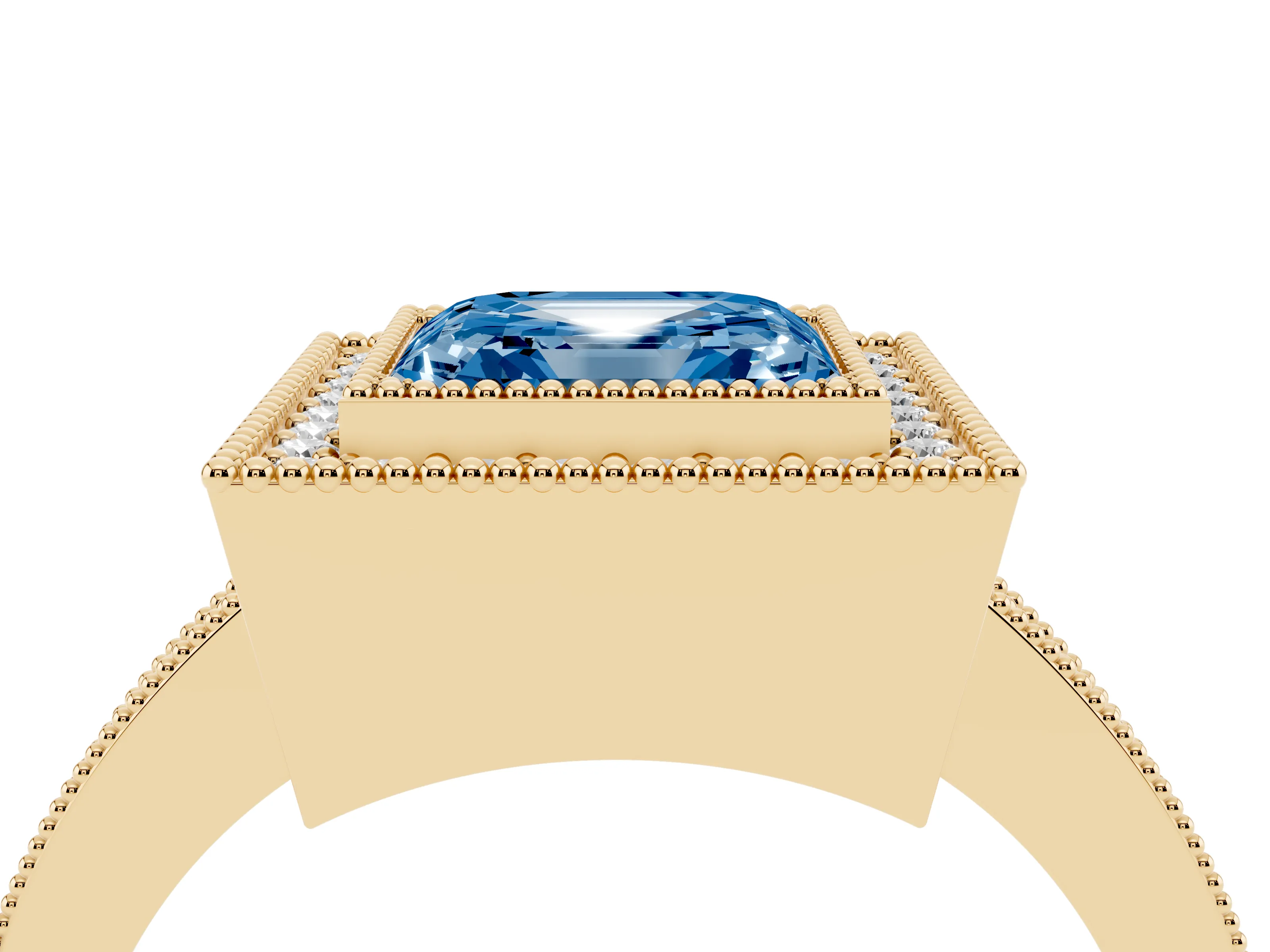 Fancy Blue Asscher Cut Diamond Halo Engagement Ring Set in Yellow gold with Pavé Band and Round Halo Stones