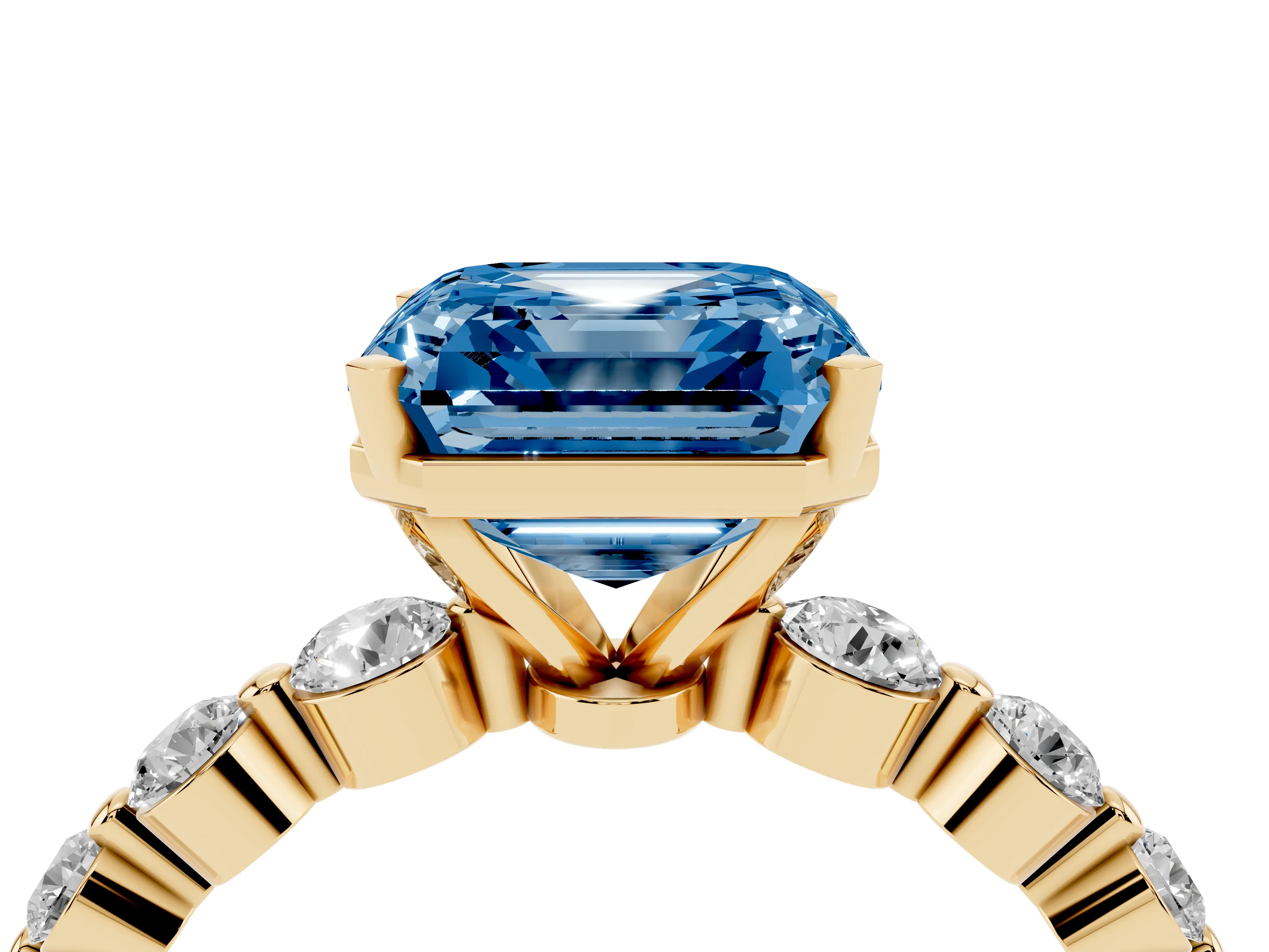 Fancy Blue Asscher Cut Diamond Solitaire Ring Set in Yellow gold with Pavé Band and Prong Setting