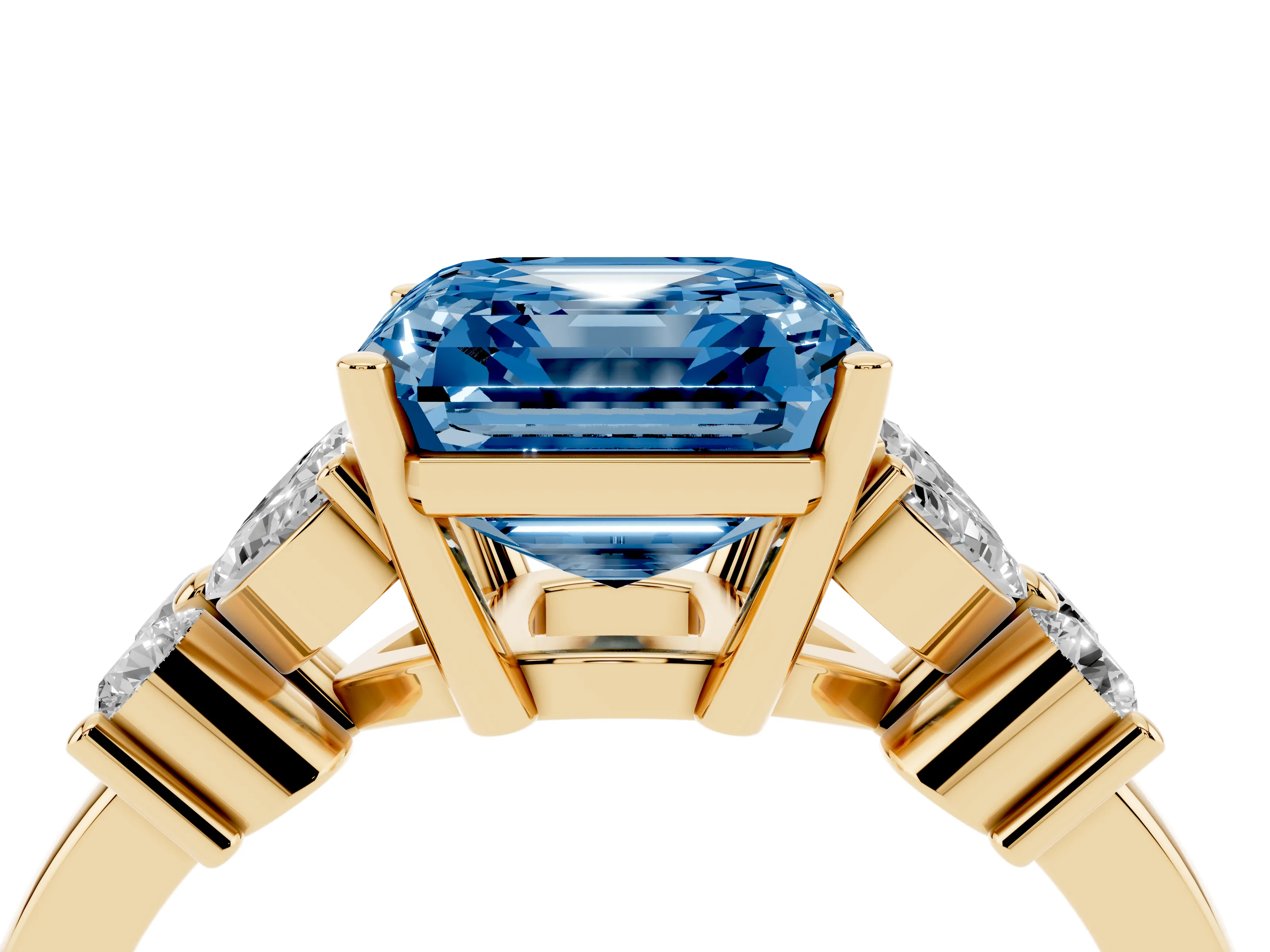 Fancy Blue Asscher Cut Diamond Floral Cluster Ring Set in Yellow gold with Marquise Petals and Prong Setting