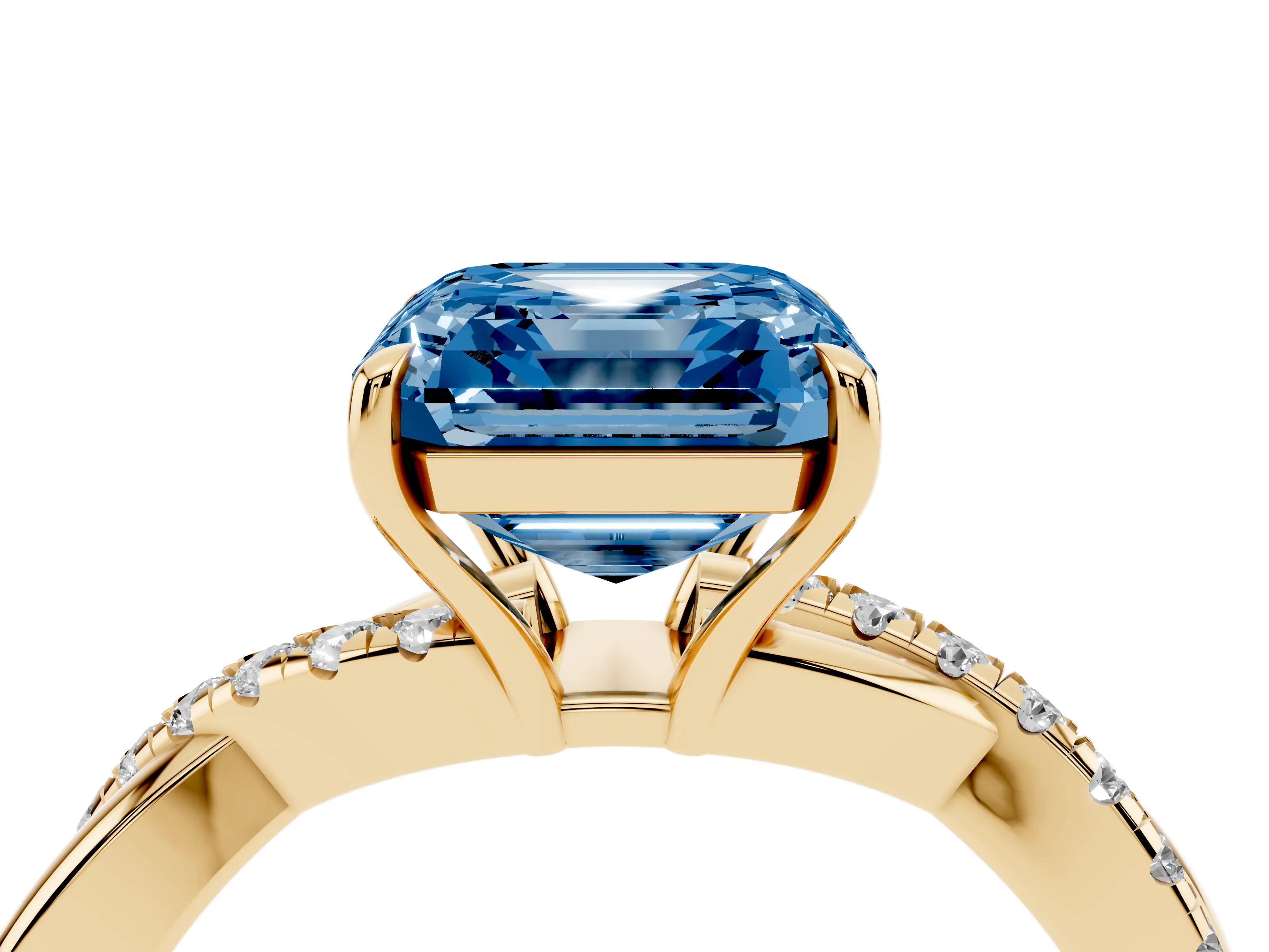 Fancy Blue Asscher Cut Diamond Twisted Pavé Band Ring Set in Yellow gold with Prong Setting