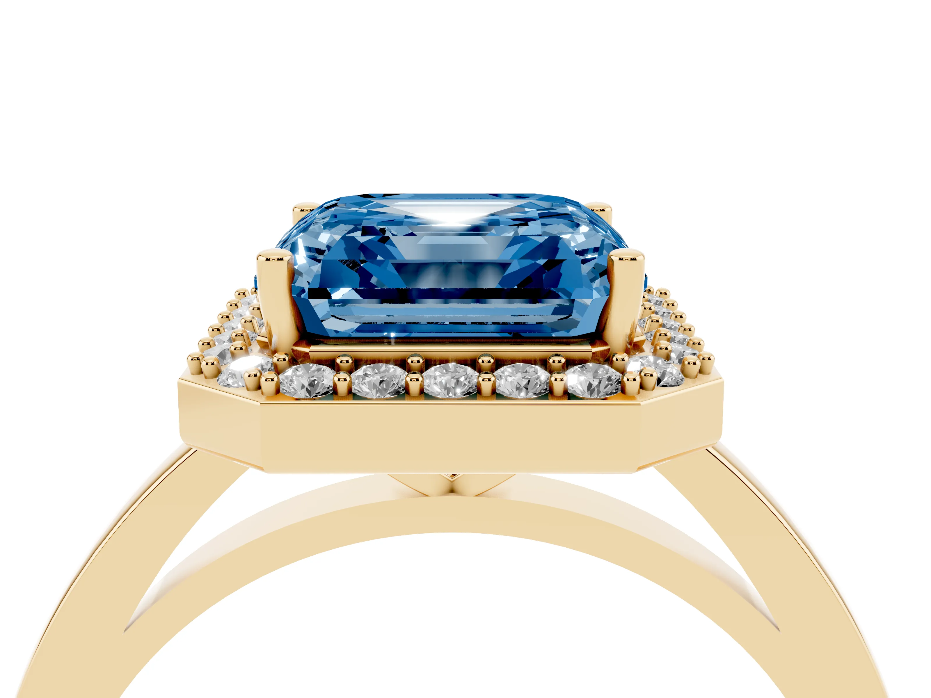 Fancy Blue Asscher Cut Diamond Halo Ring Set in Yellow gold with Solitaire Band and Prong Setting