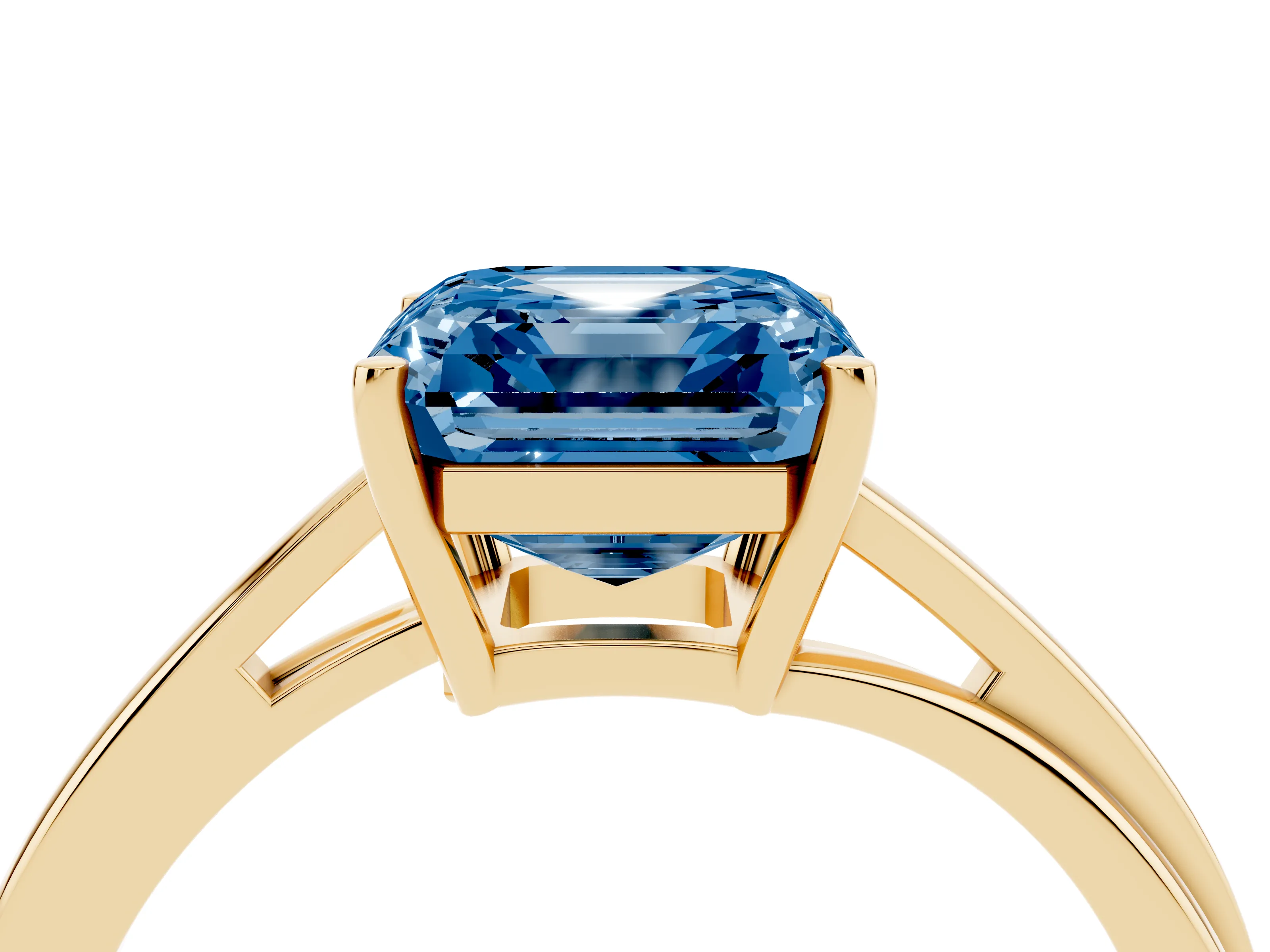 Fancy Blue Asscher Cut Diamond Solitaire Twist Band Ring Set in Yellow gold with Prong Setting