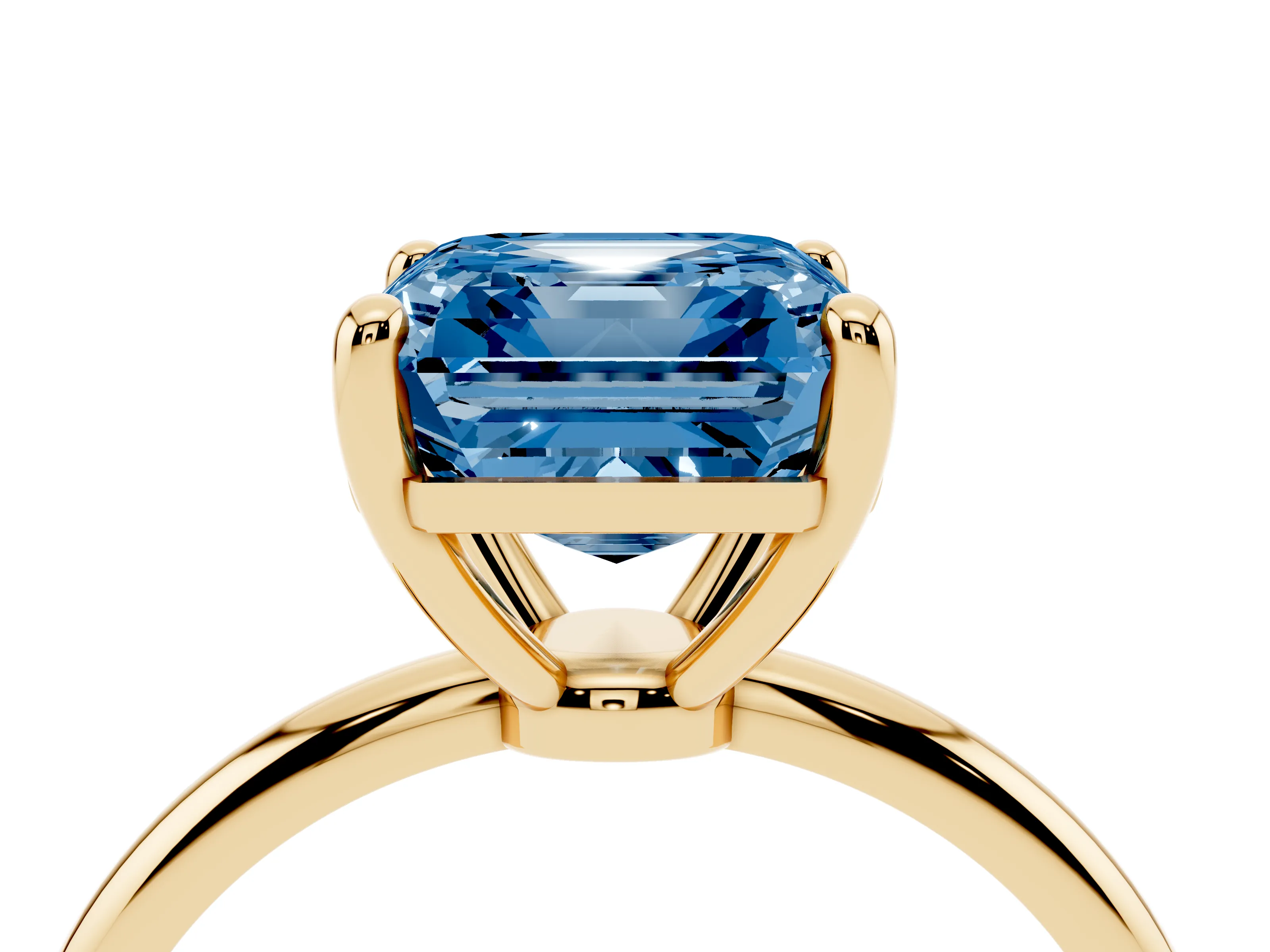 Fancy Blue Asscher Cut Diamond Solitaire Ring Set in Yellow gold with Secure Prong Setting on a Classic Band
