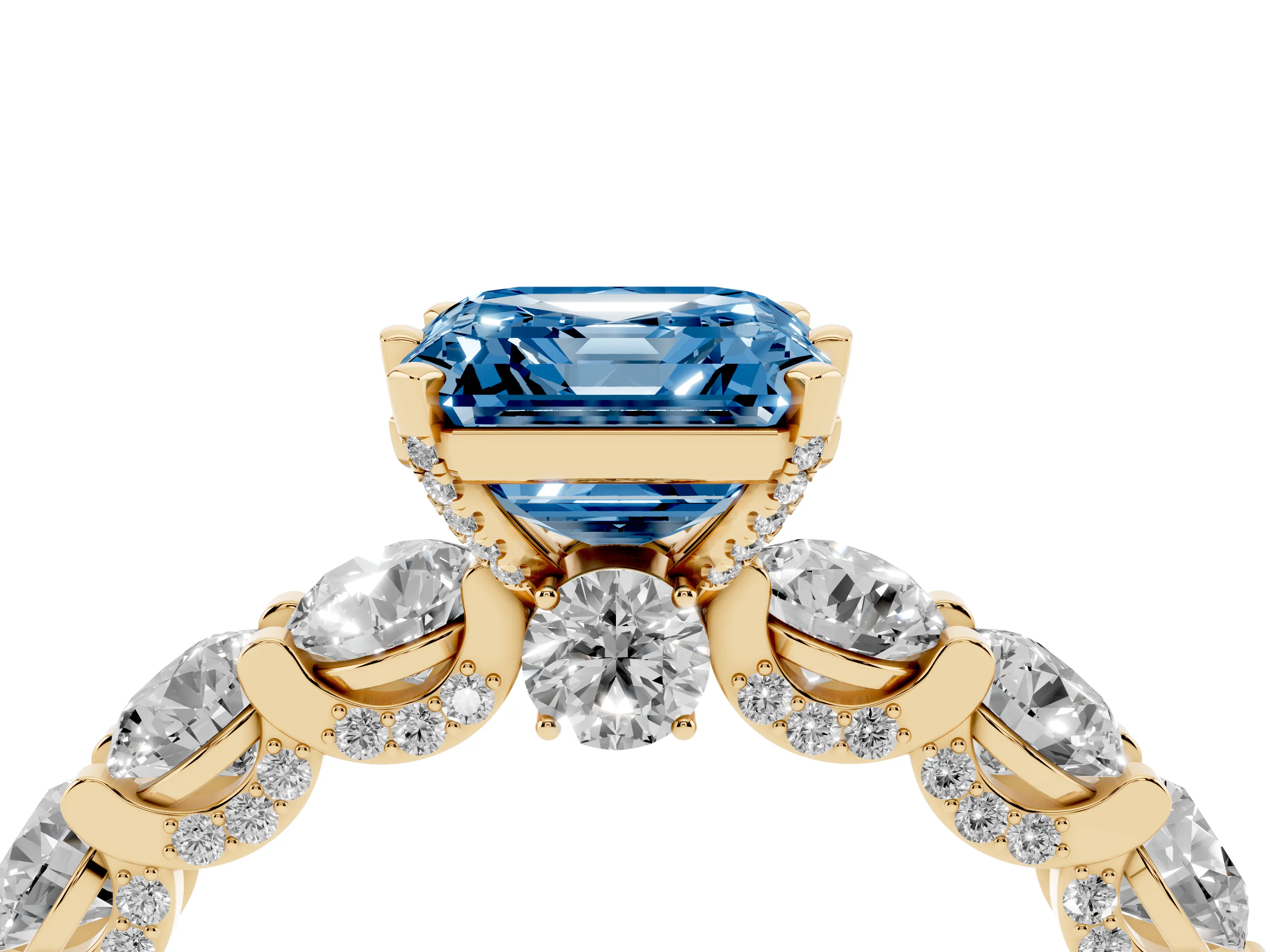 Fancy Blue Asscher Cut Diamond Side Stone Ring Set in Yellow gold with Alternating Round and Oval Side Stones