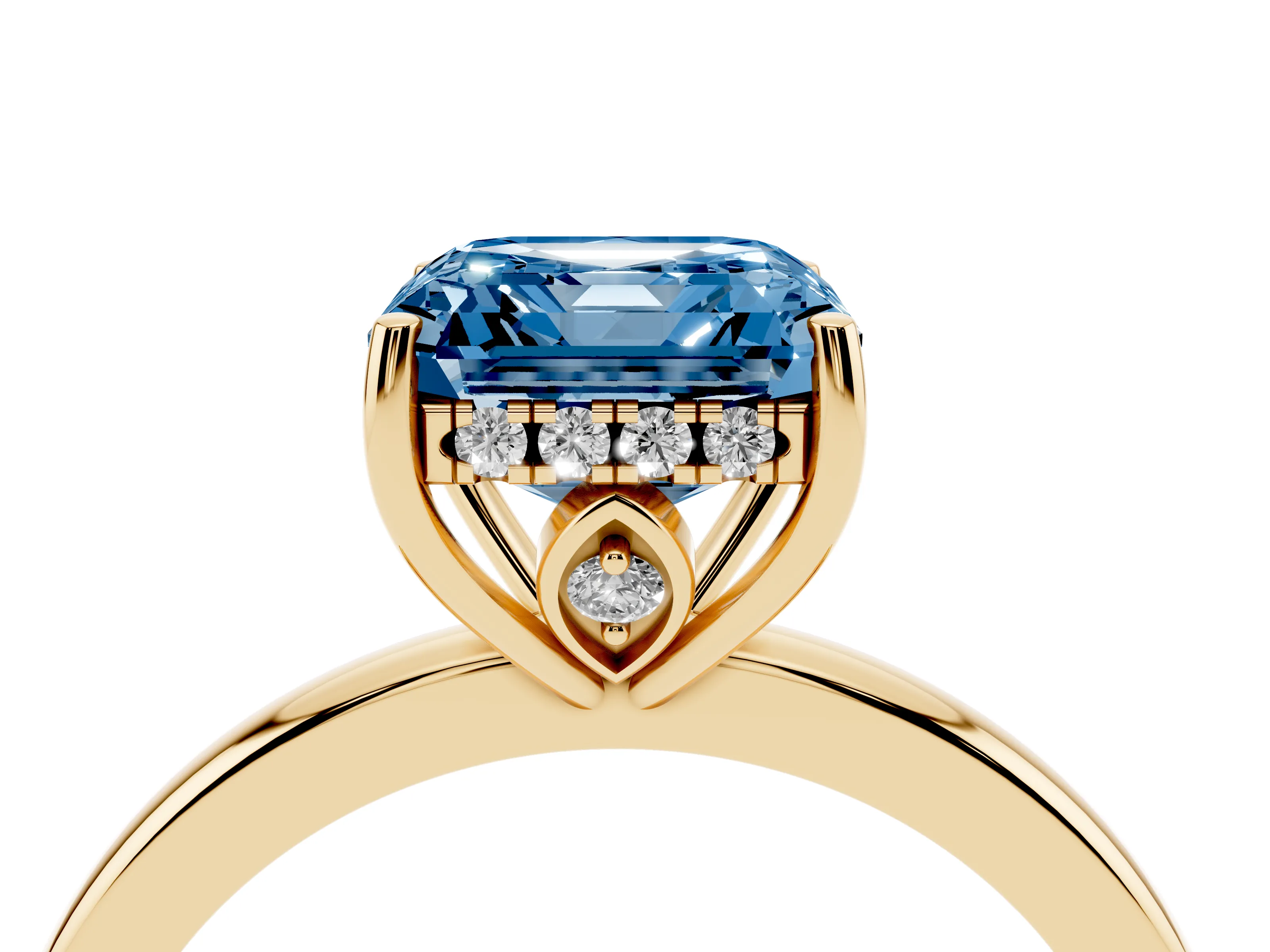 Fancy Blue Asscher Cut Diamond Solitaire Ring Set in Yellow gold with Plain Band and Prong Setting