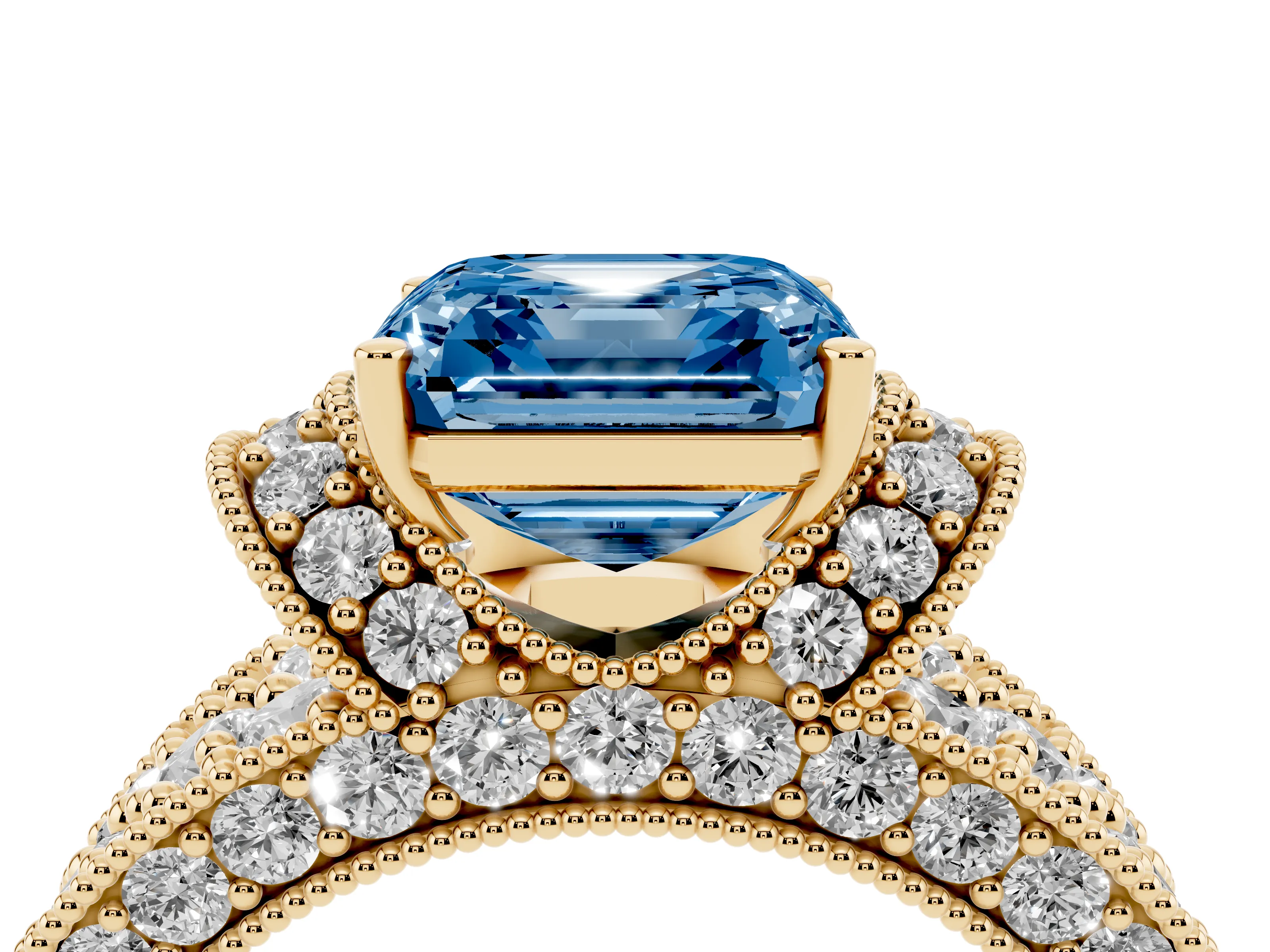 Fancy Blue Asscher Cut Diamond Milgrain Halo Pavé Engagement Ring Set in Yellow gold with Prong Setting