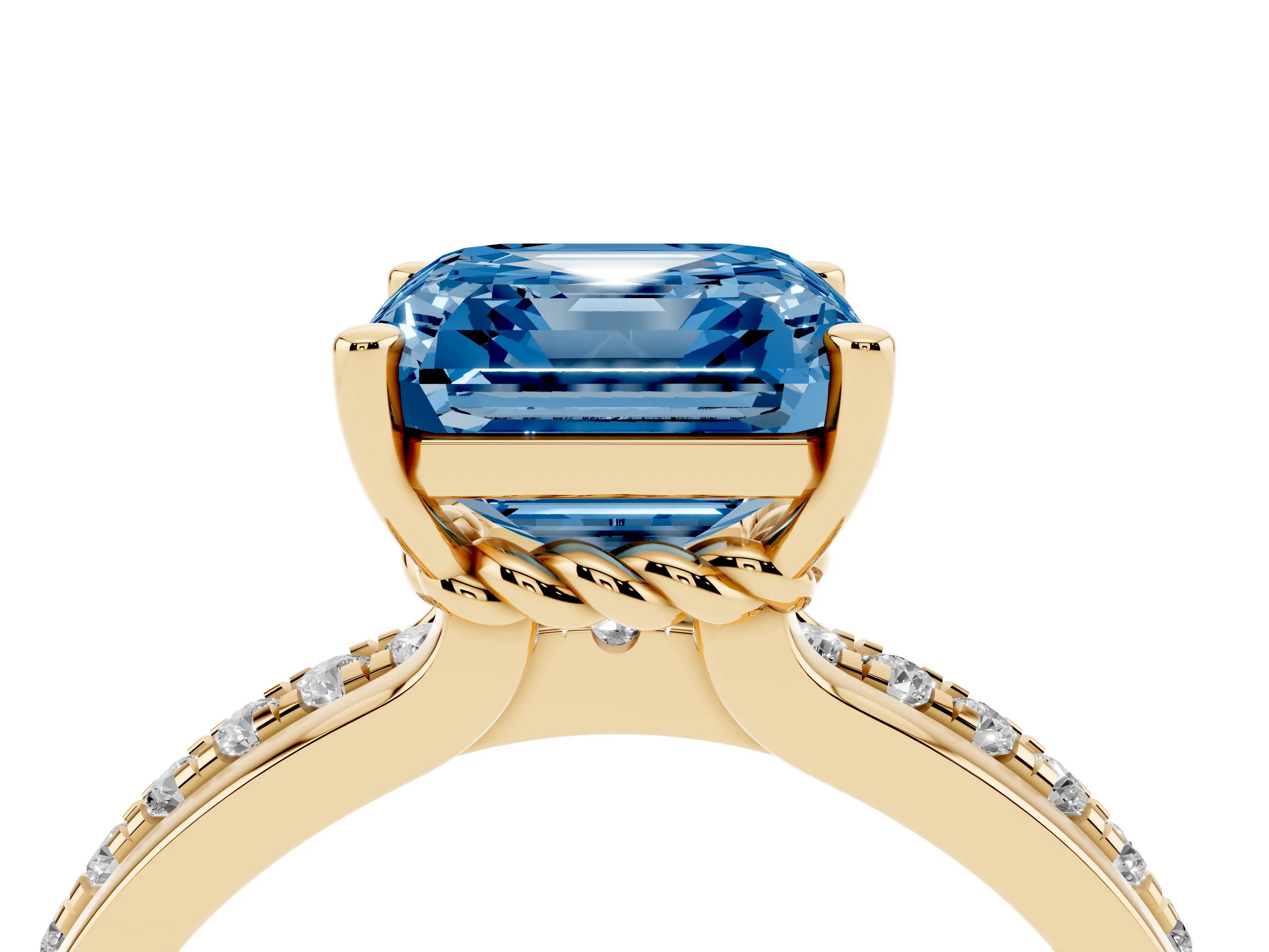 Fancy Blue Asscher Cut Diamond Solitaire Ring Set in Yellow gold with Channel Set Band and Prong Setting