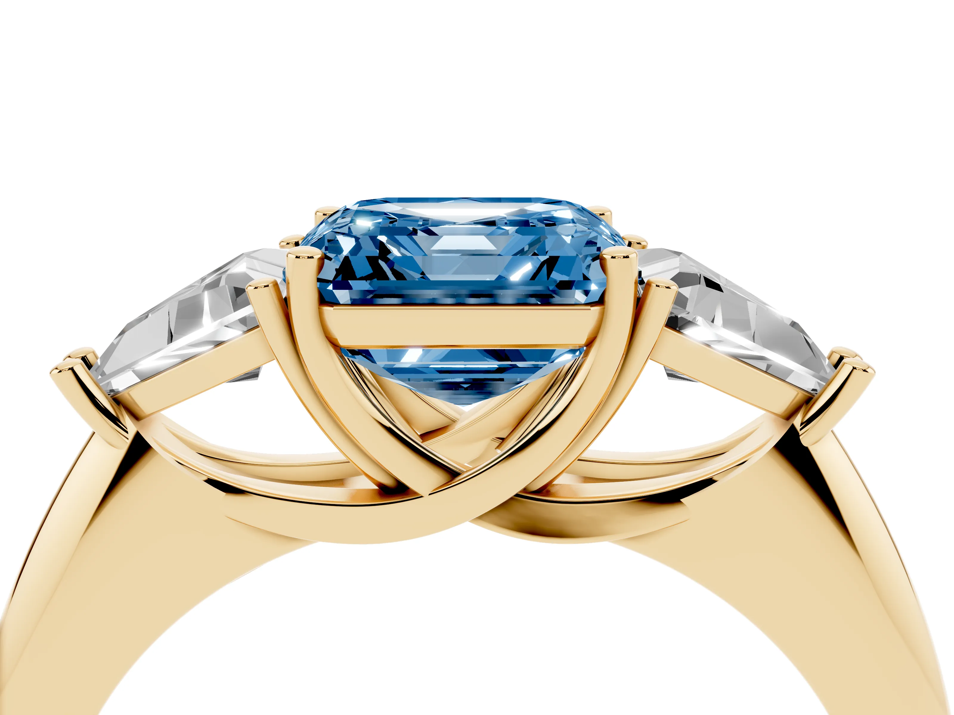 Fancy Blue Asscher Cut Diamond Three-Stone Engagement Ring Set in Yellow gold with Trillion Side Stones
