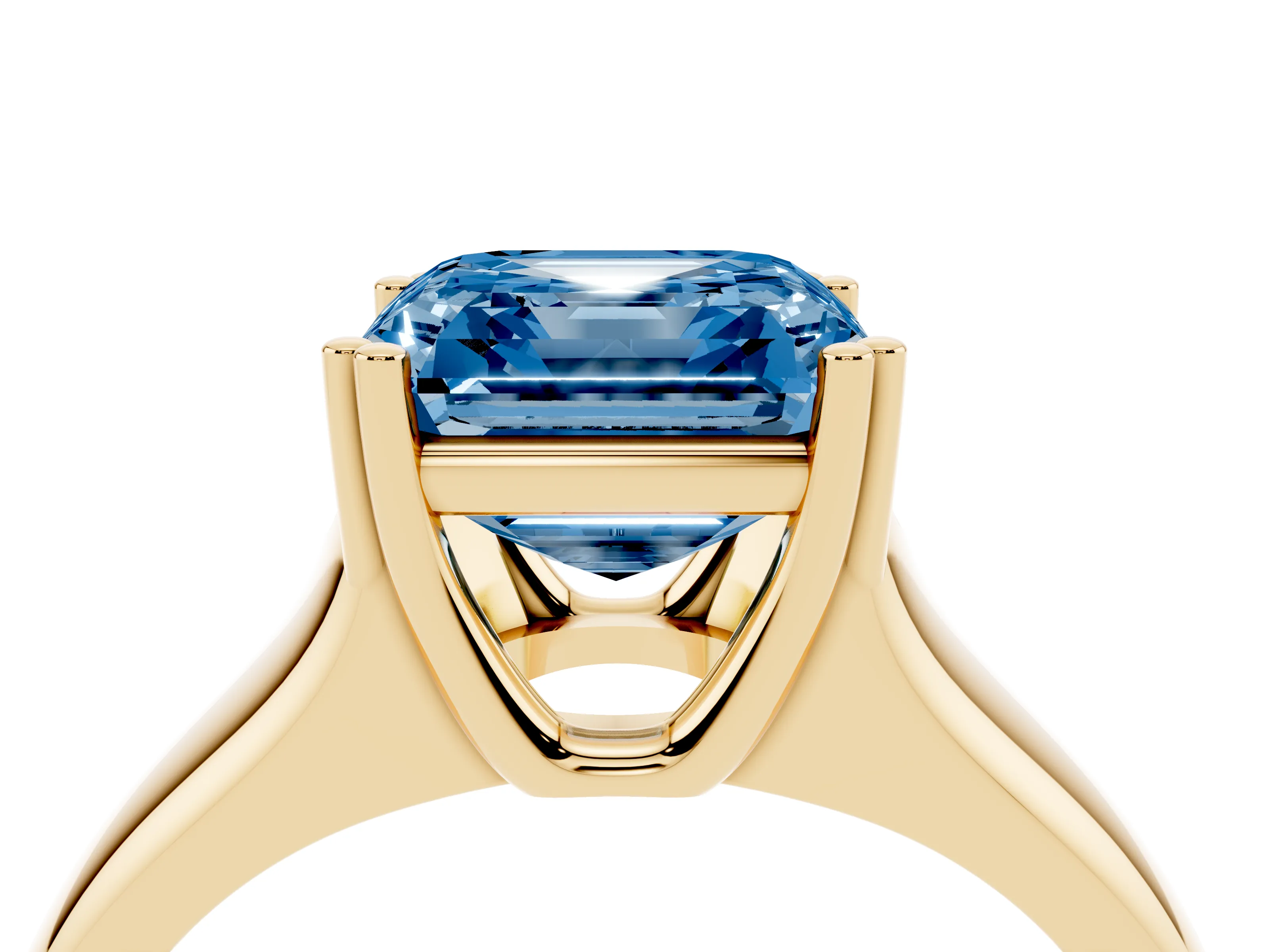 Fancy Blue Asscher Cut Diamond Solitaire Ring Set in Yellow gold with Wide Band and Prong Setting