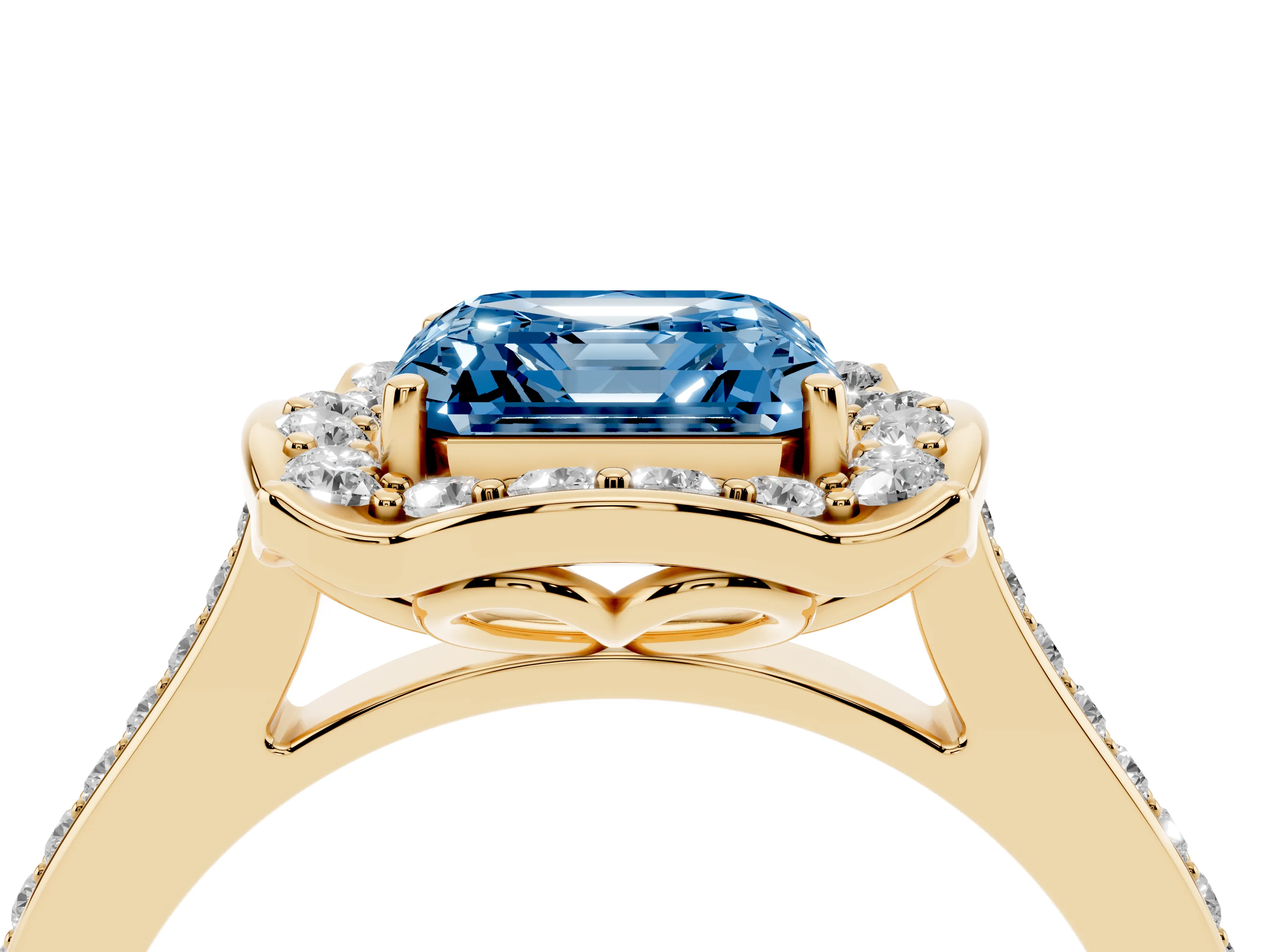 Fancy Blue Asscher Cut Diamond Halo Ring Set in Yellow gold with Pavé-Lined Shoulders and Prong Setting