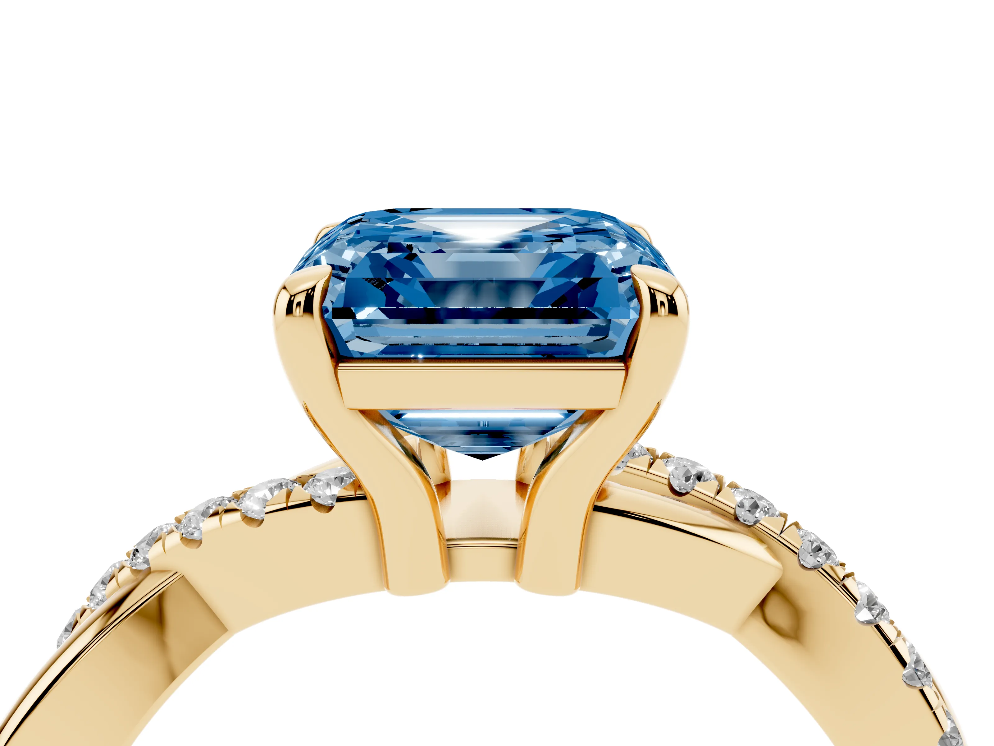 Fancy Blue Asscher Cut Diamond Twist Band Pavé Solitaire Ring Set in Yellow gold with Prong Setting
