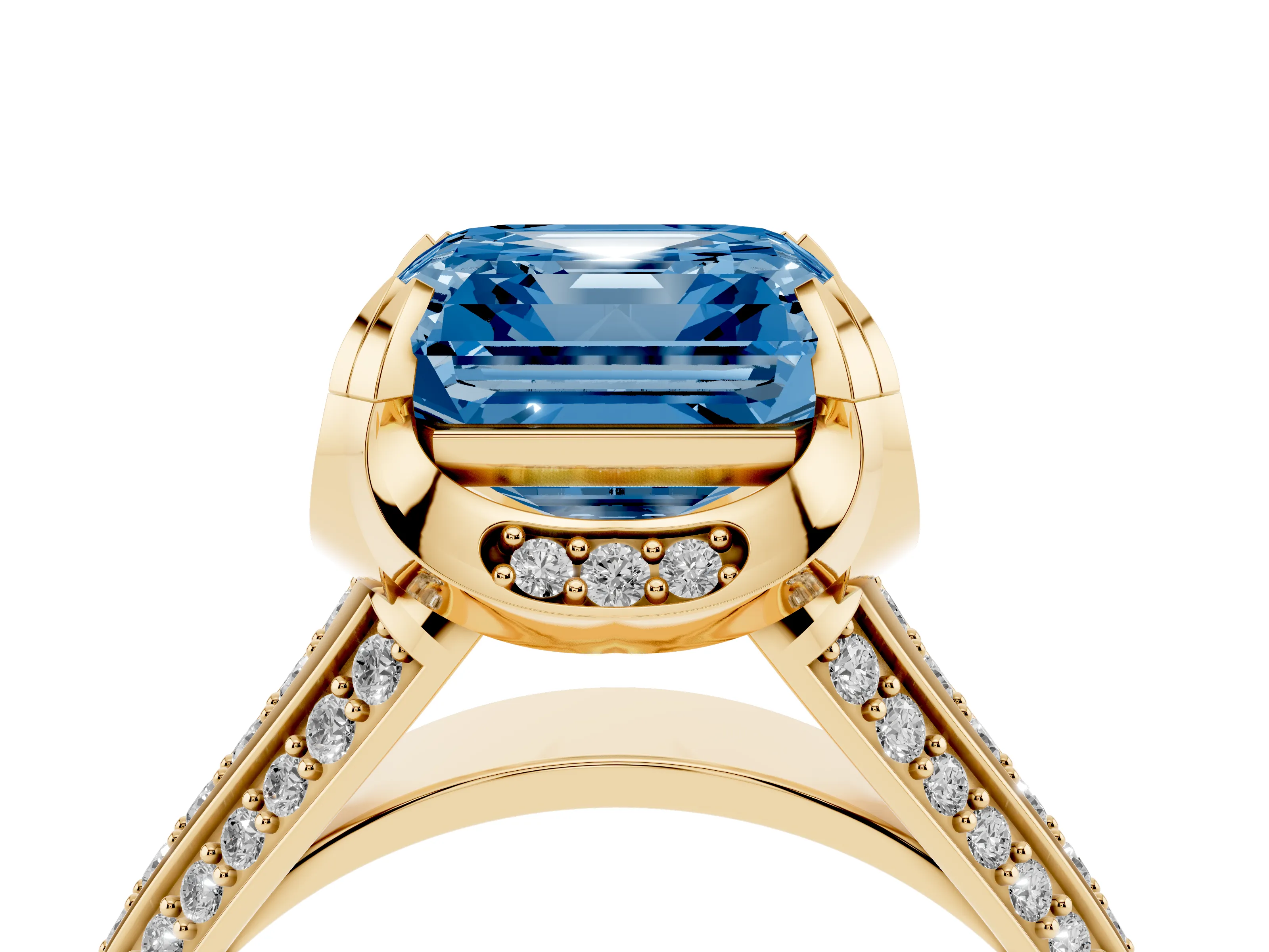 Fancy Blue Asscher Cut Diamond Pavé Split Shank Solitaire Ring Set in Yellow gold with Prong Setting