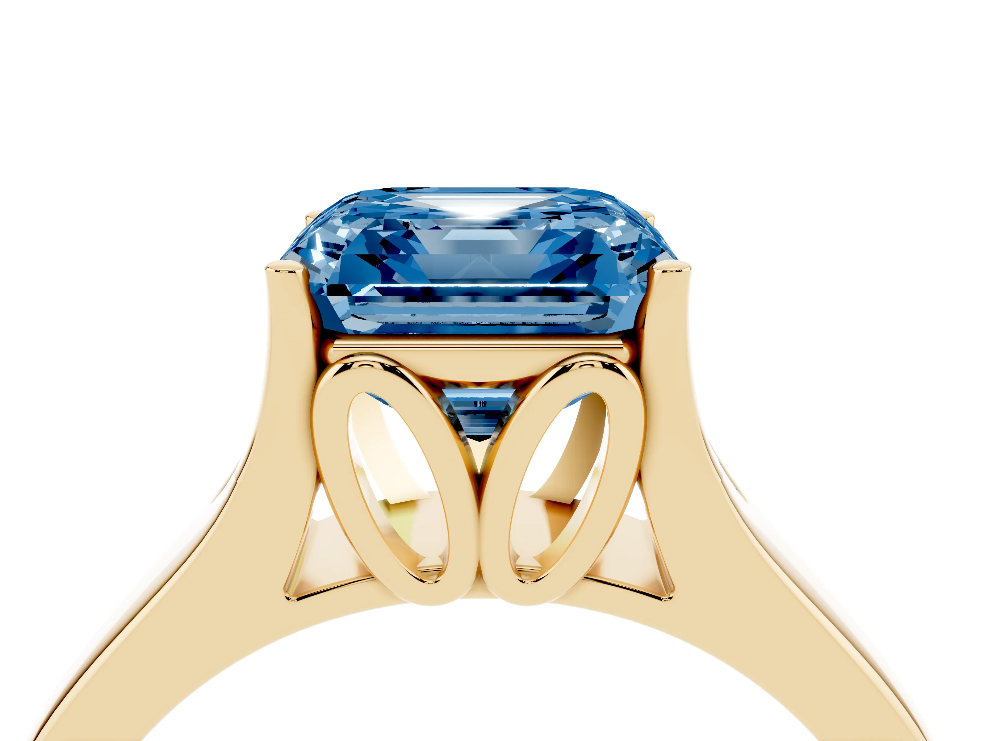 Fancy Blue Asscher Cut Diamond Solitaire Ring Set in Yellow gold with Arched Cathedral Band and Prong Setting