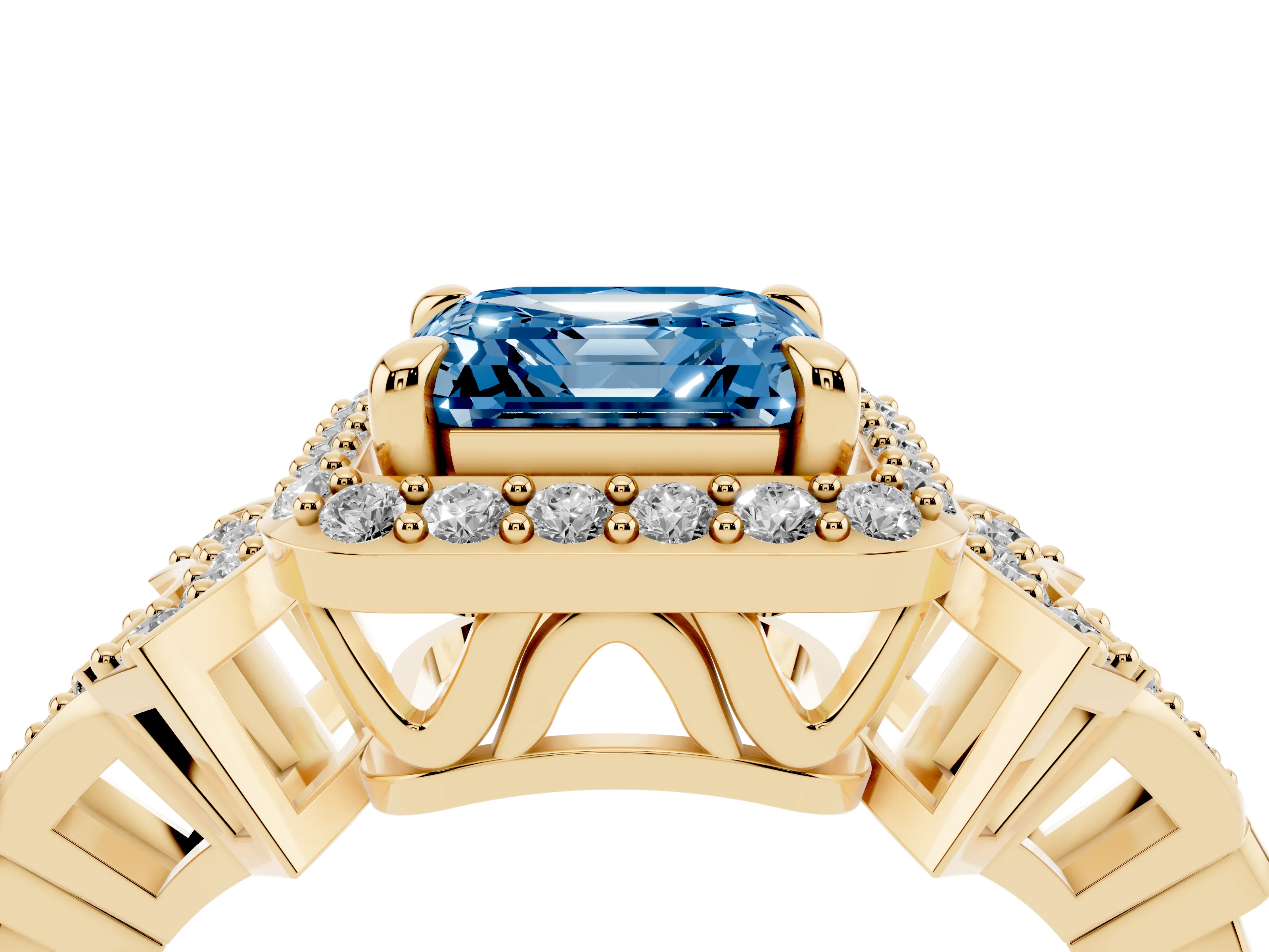 Fancy Blue Asscher Cut Diamond Halo Engagement Ring Set in Yellow gold with Accent Stone Split Shank