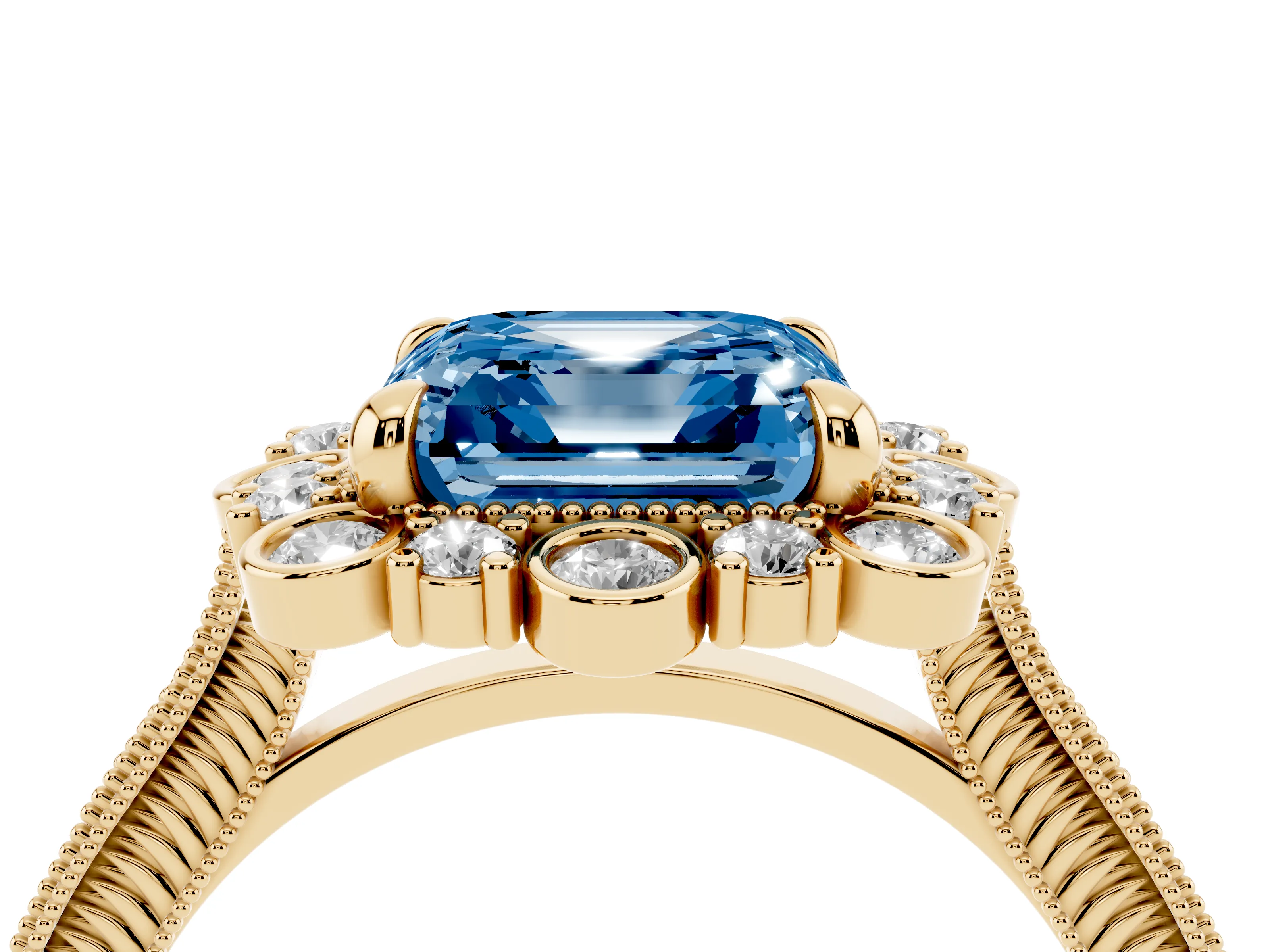 Fancy Blue Asscher Cut Diamond Halo Milgrain Pavé Ring Set in Yellow gold with Prong Setting