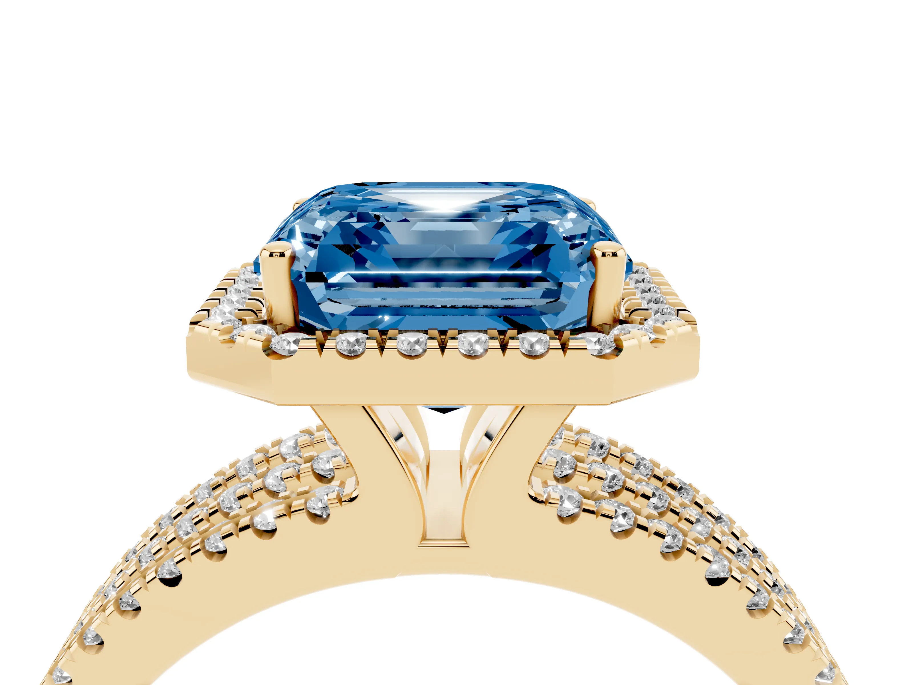 Fancy Blue Asscher Cut Diamond Halo Split Shank Engagement Ring Set in Yellow gold with Prong Setting
