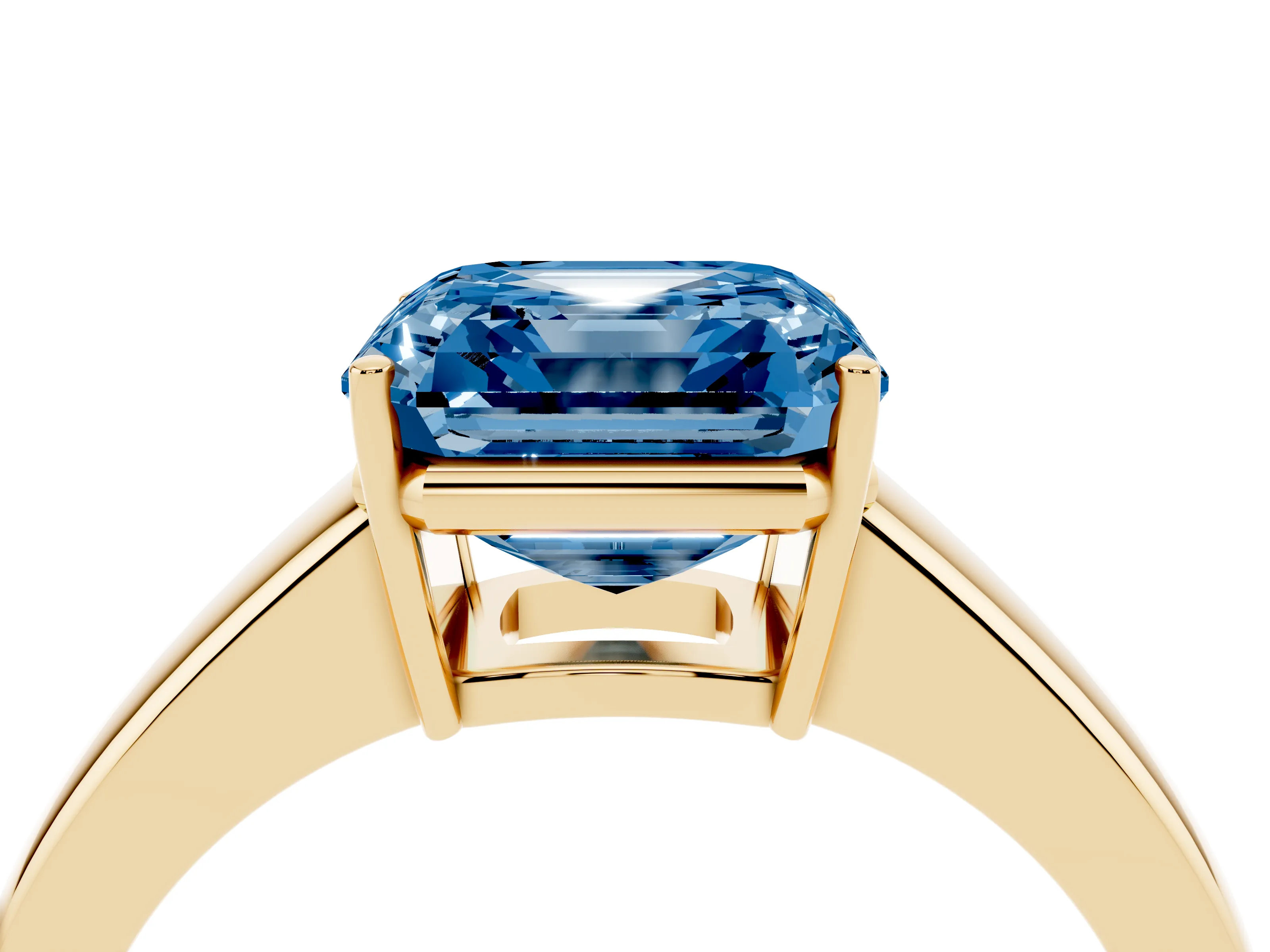 Fancy Blue Asscher Cut Diamond Solitaire Ring Set in Yellow gold with Tapered Band and Prong Setting