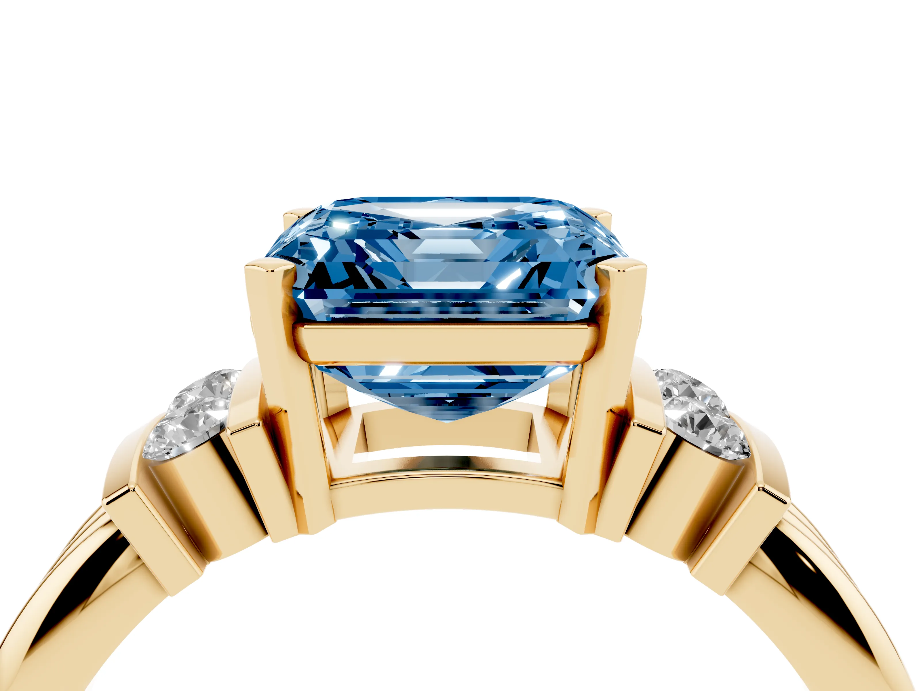Fancy Blue Three-Stone Asscher Cut Diamond Channel Set Ring Set in Yellow gold with Bar Prongs