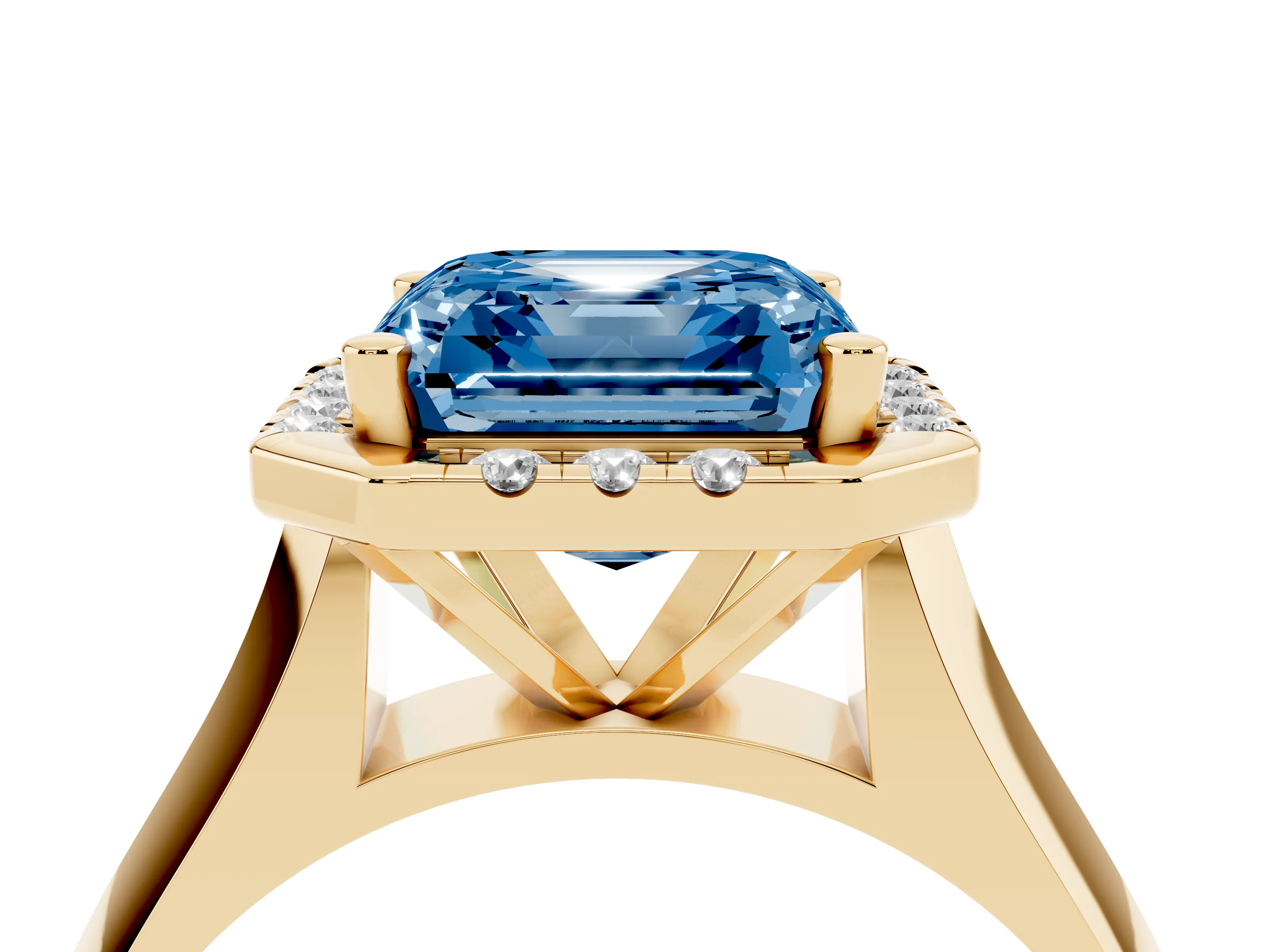 Fancy Blue Asscher Cut Diamond Halo Solitaire Engagement Ring Set in Yellow gold with Square Band and Prong Setting
