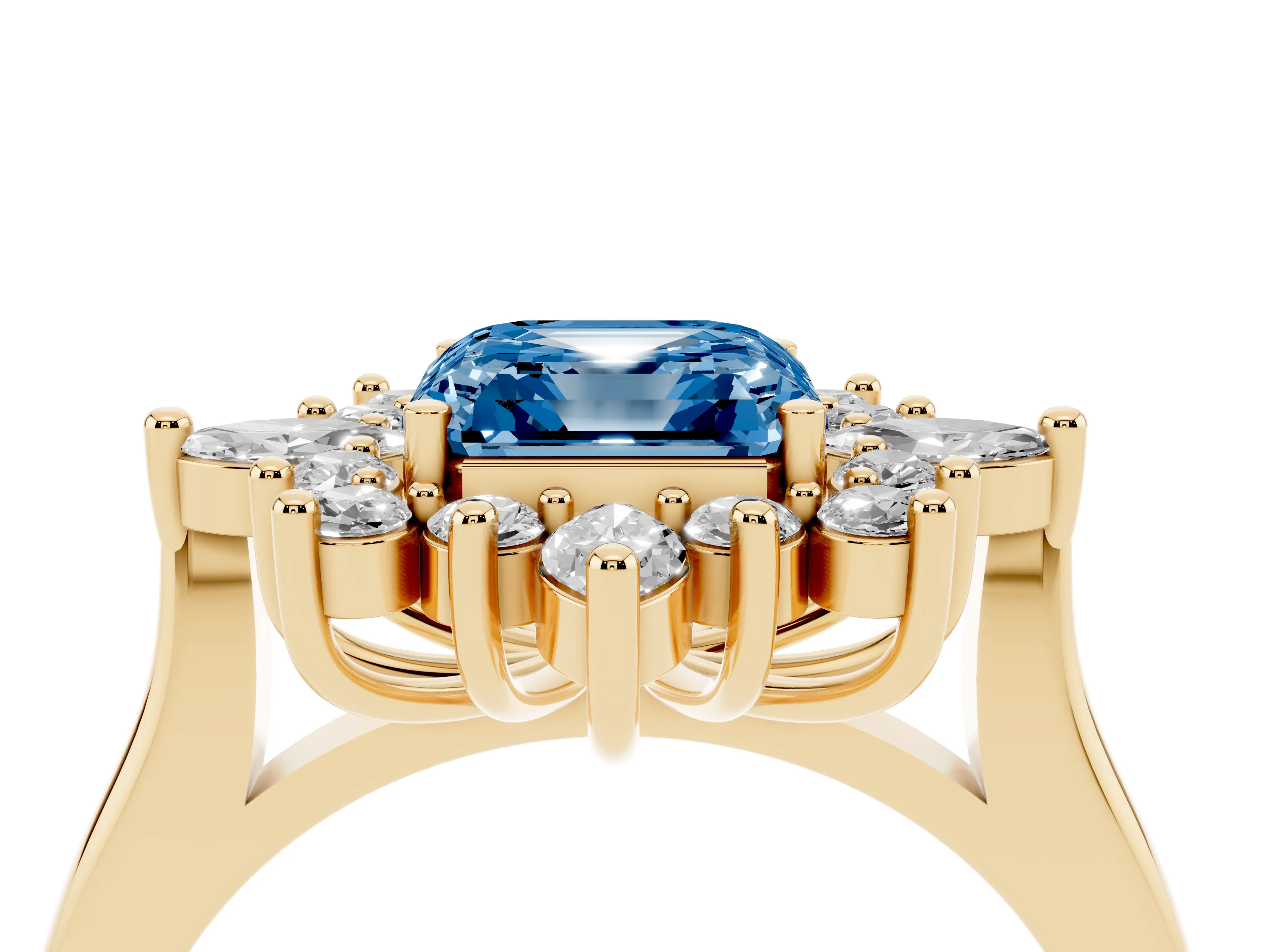 Fancy Blue Asscher Cut Diamond Cluster Halo Ring Set in Yellow gold with Marquise and Round Accents