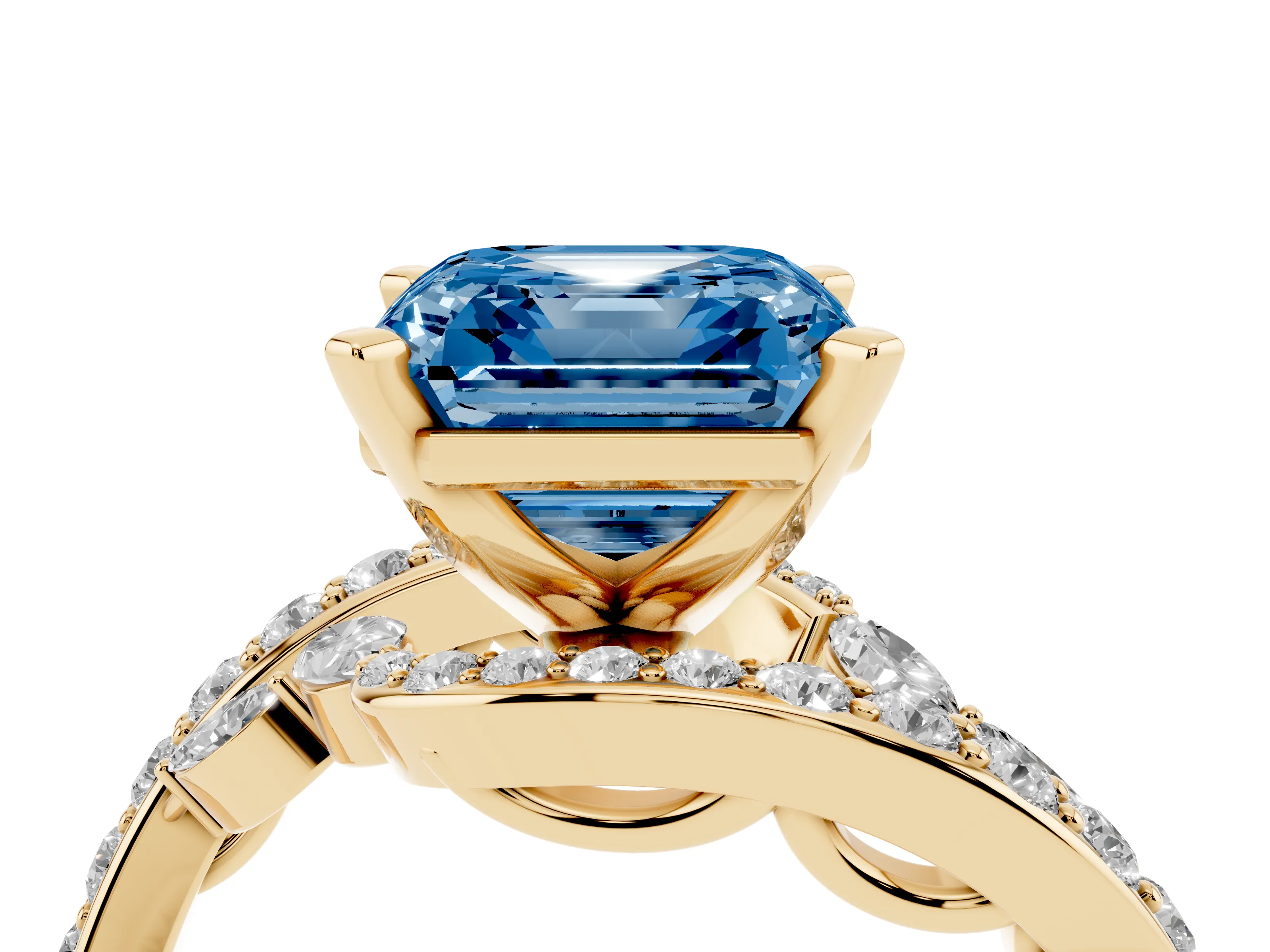 Fancy Blue Asscher Cut Diamond Solitaire Ring Set in Yellow gold with Pavé Twist Band and Secure Prong Setting