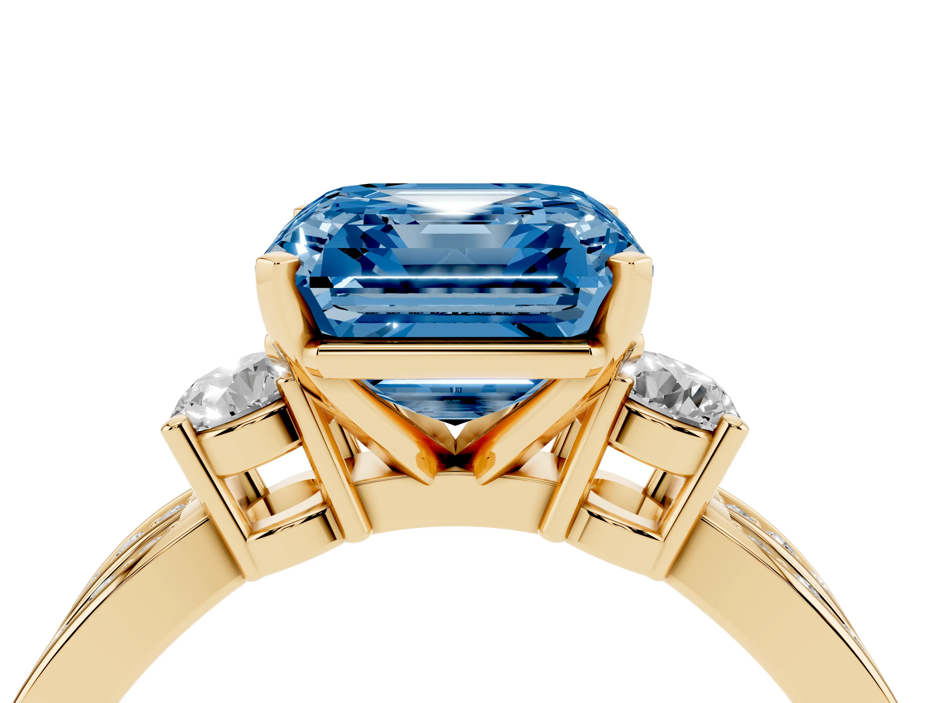 Fancy Blue Three-Stone Asscher Cut Diamond Twist Band Ring Set in Yellow gold with Pavé Accents and Prong Setting
