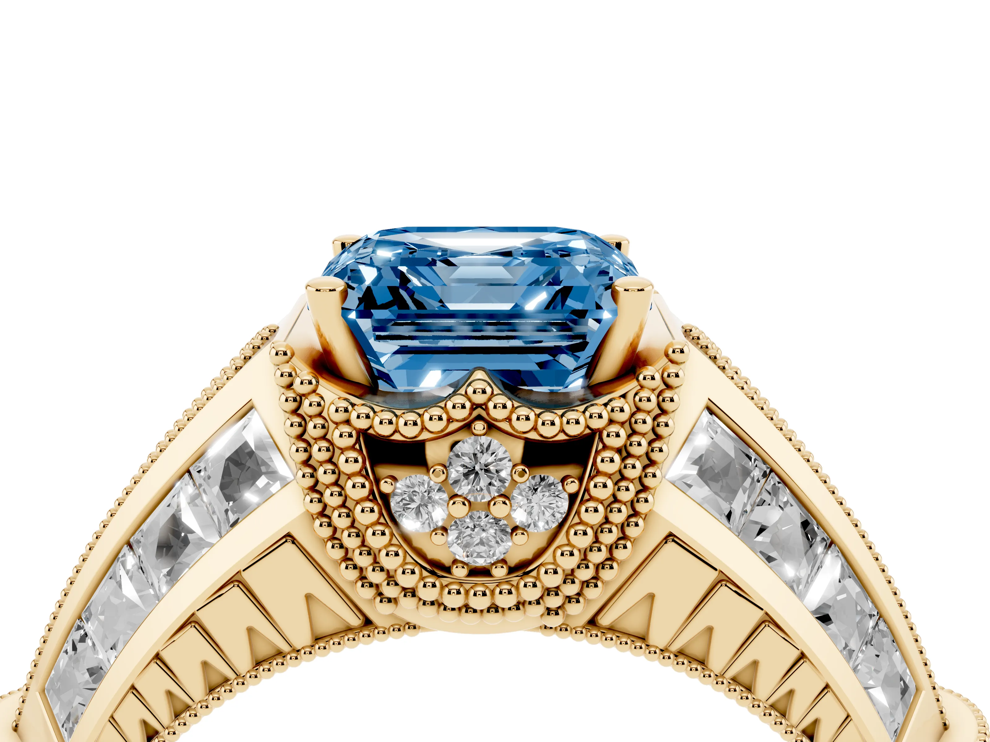 Fancy Blue Asscher Cut Diamond Vintage-Inspired Milgrain Ring Set in Yellow gold with Accent Split Shank