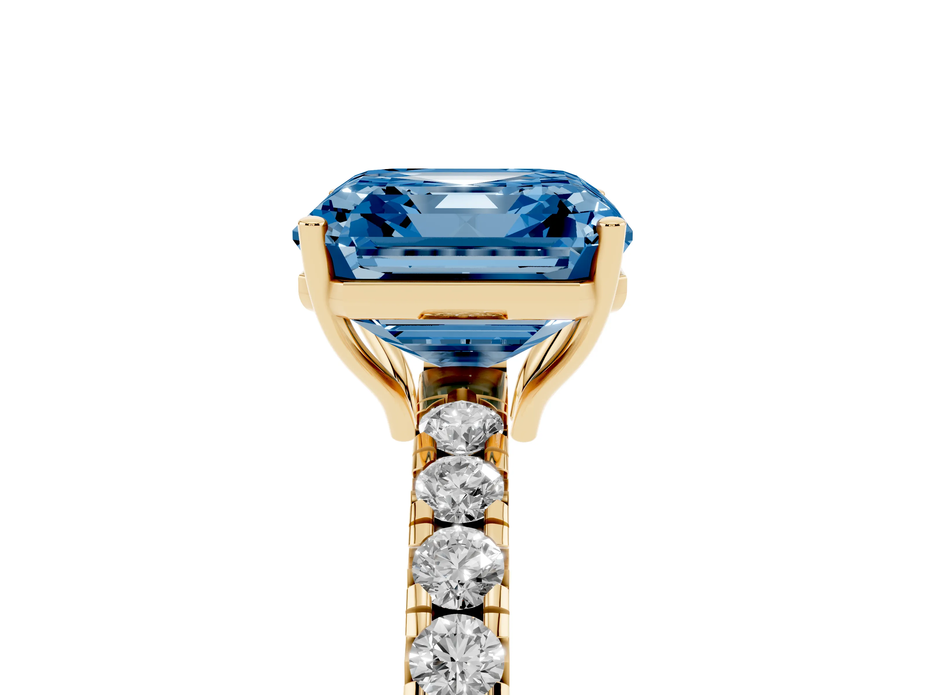 Fancy Blue Asscher Cut Diamond Pavé Solitaire Engagement Ring Set in Yellow gold with Prong Setting