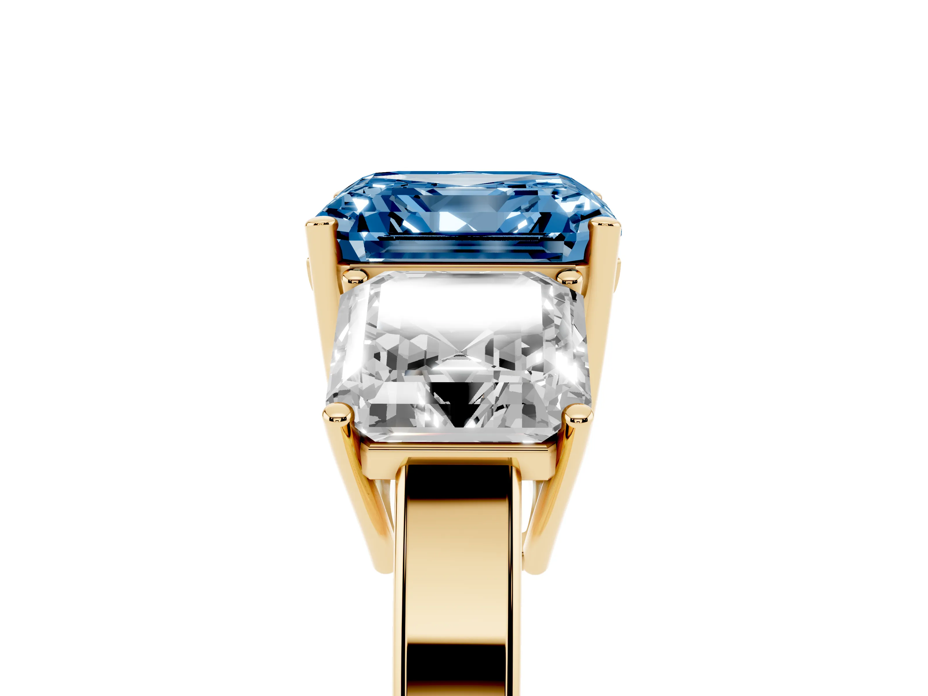 Fancy Blue Asscher Cut Diamond Three-Stone Engagement Ring Set in Yellow gold with Flat Band
