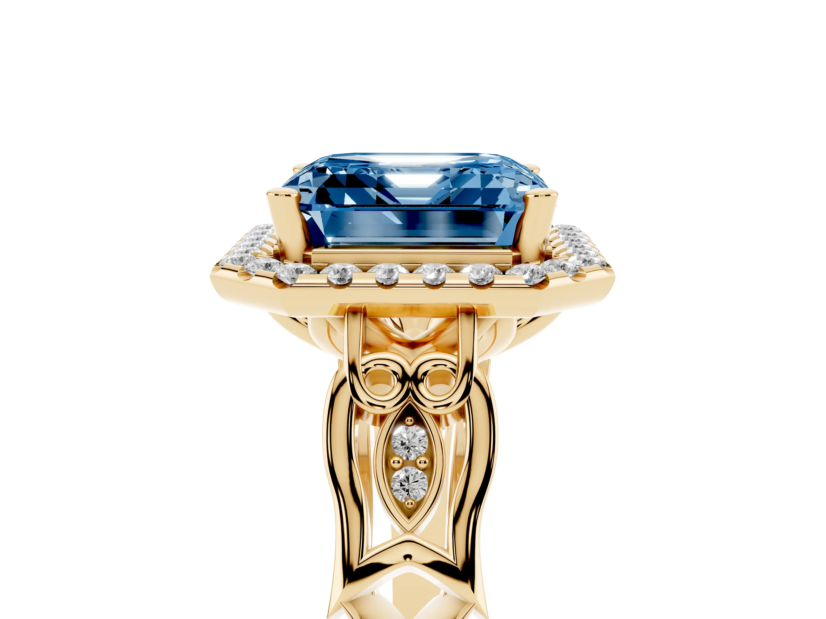 Fancy Blue Asscher Cut Diamond Halo Engagement Ring Set in Yellow gold with Filigree Band and Prong-Set Center