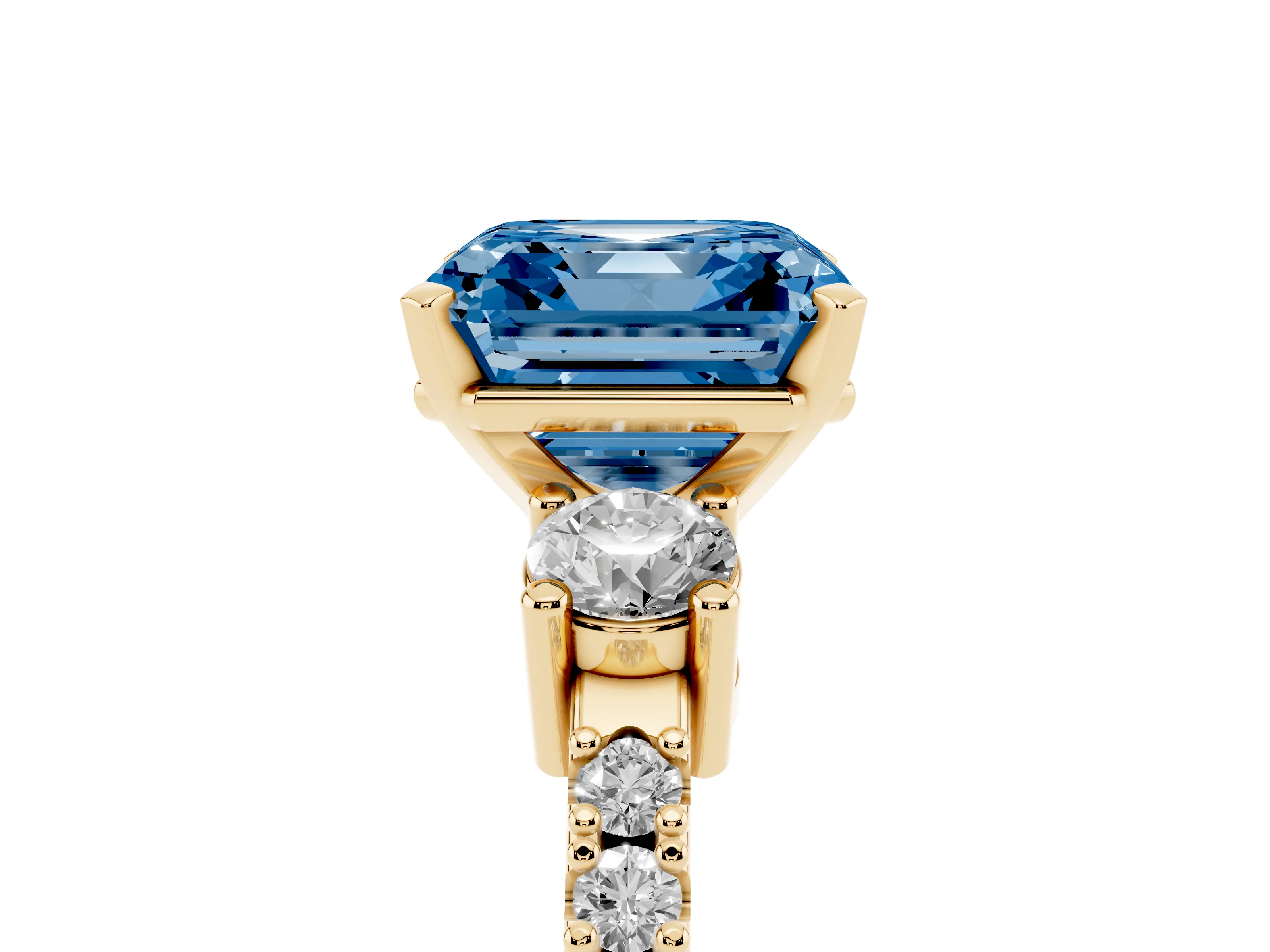 Fancy Blue Three-Stone Asscher Cut Diamond Pavé Band Ring Set in Yellow gold with Prong Setting