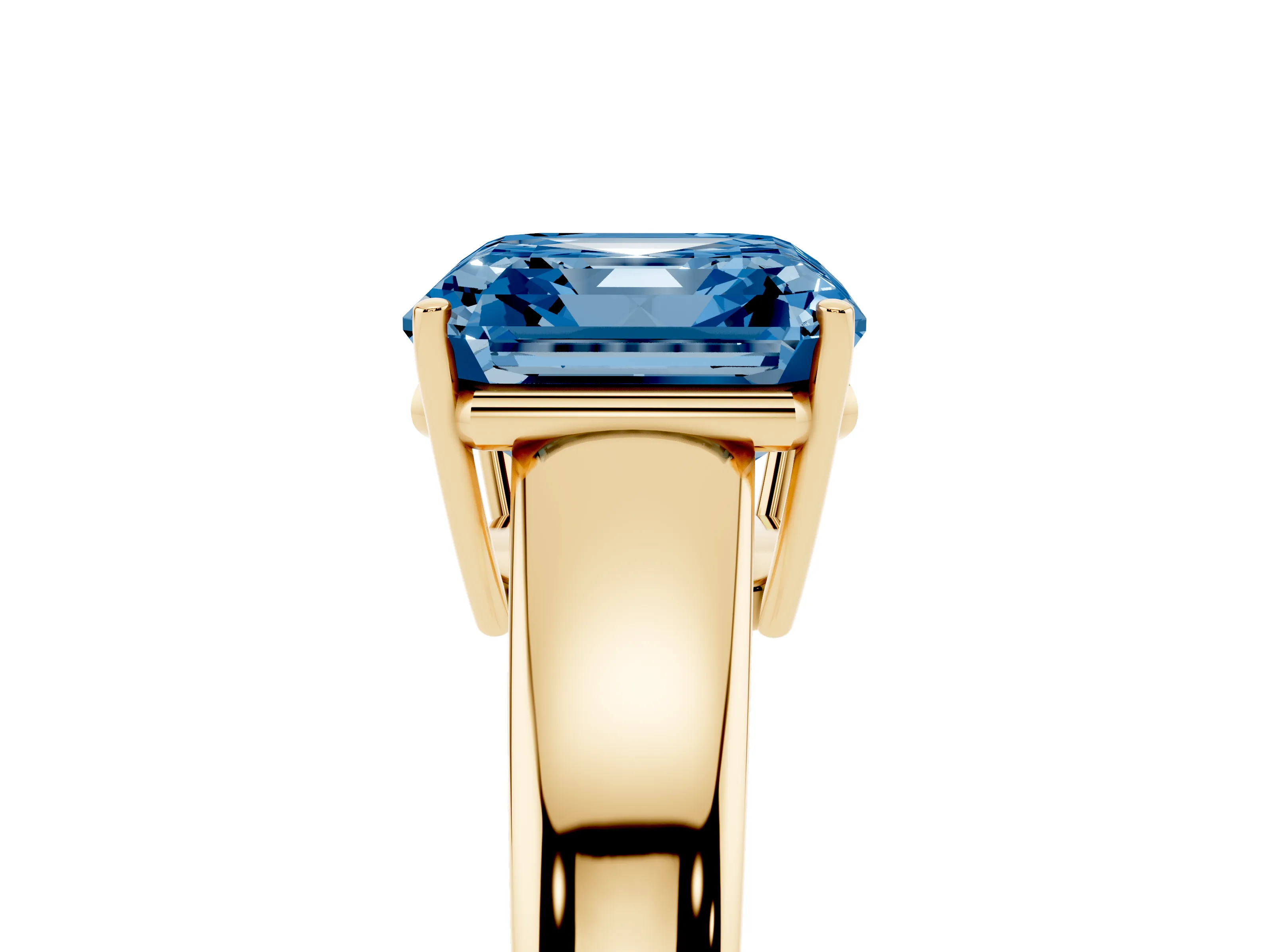 Fancy Blue Asscher Cut Diamond Solitaire Ring Set in Yellow gold with Tapered Band and Prong Setting
