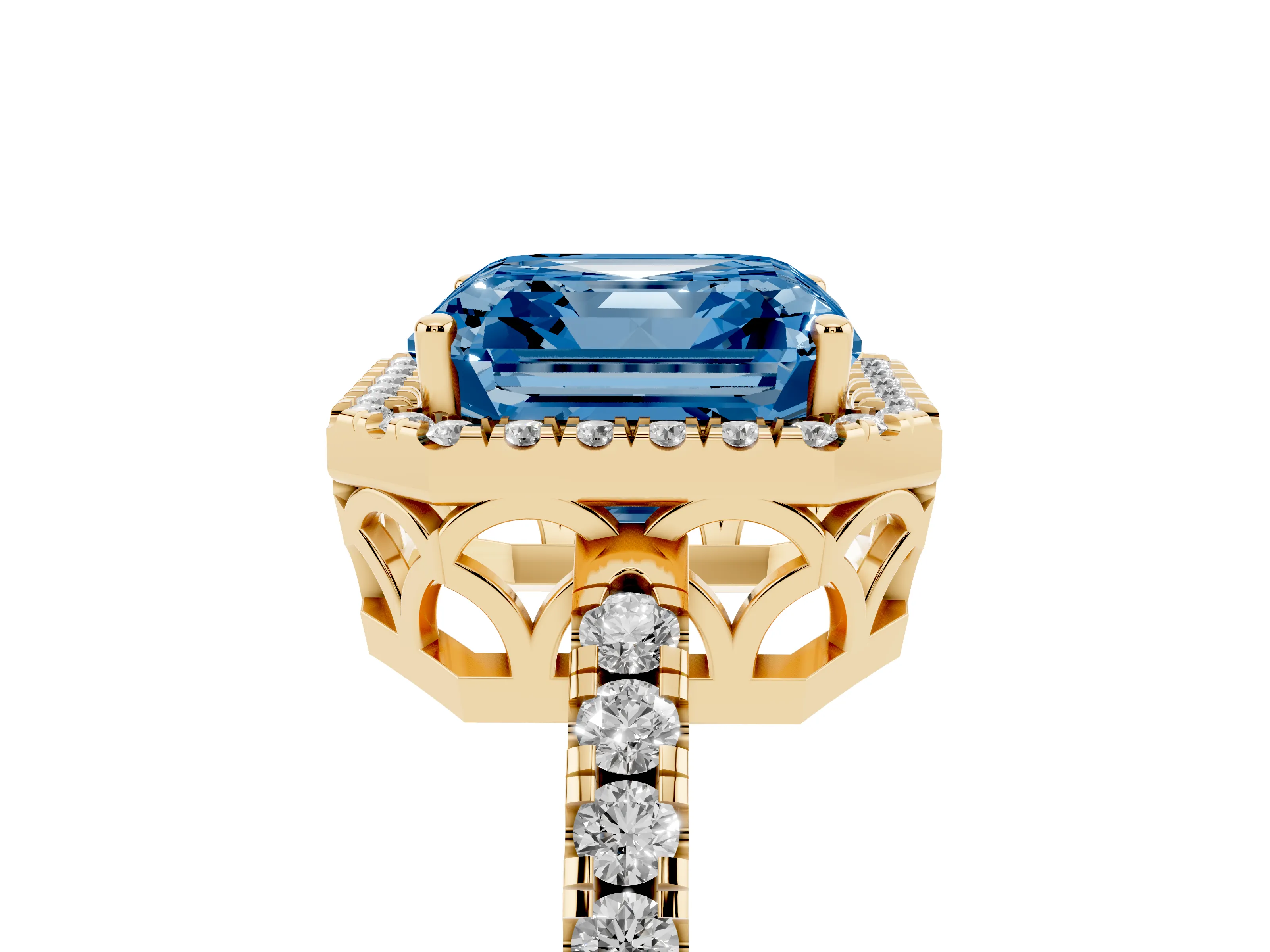 Fancy Blue Asscher Cut Diamond Pavé Band Halo Engagement Ring Set in Yellow gold with Prong Setting