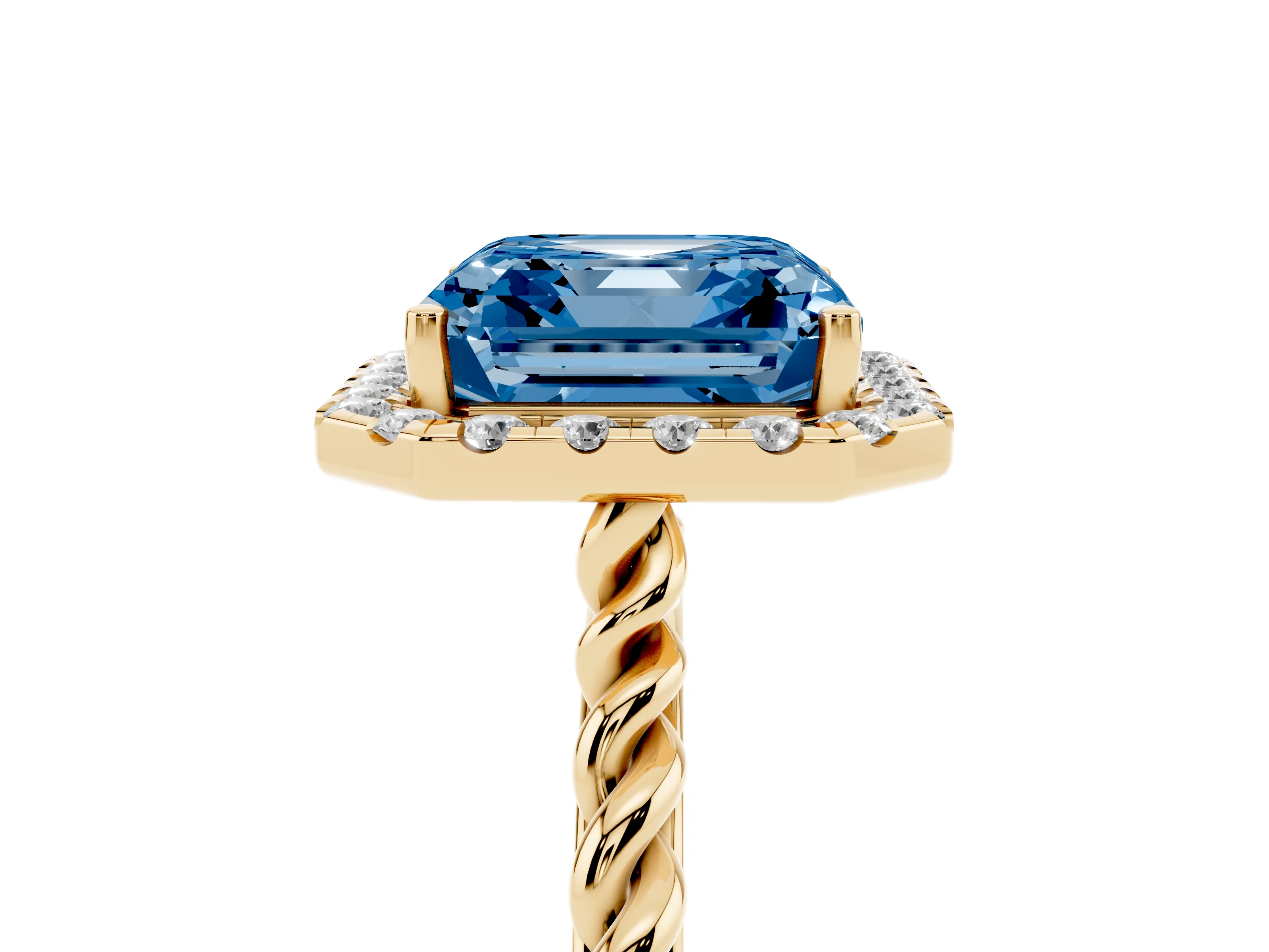 Fancy Blue Asscher Cut Diamond Halo Ring Set in Yellow gold with Plain Twisted Band