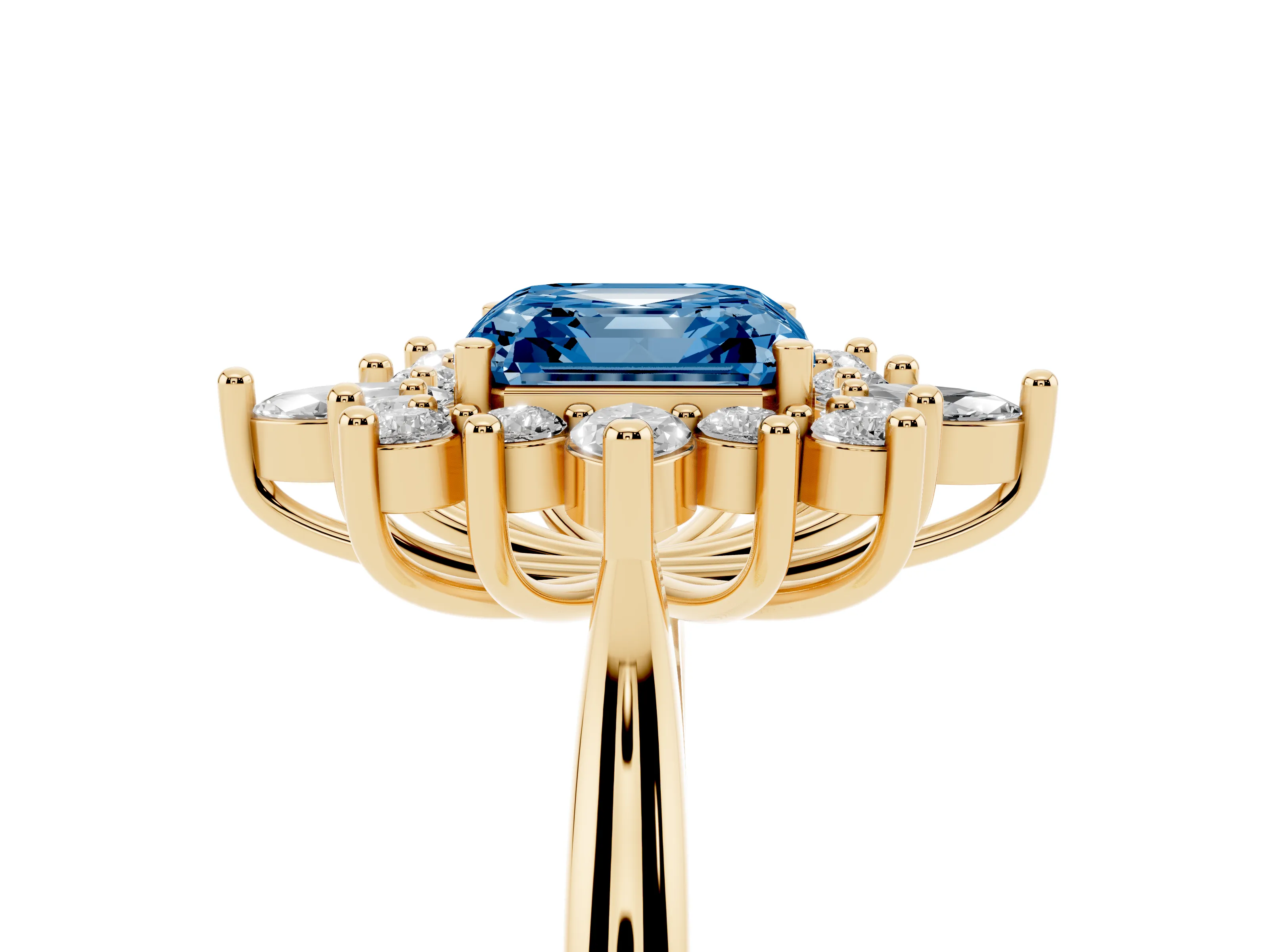 Fancy Blue Asscher Cut Diamond Cluster Halo Ring Set in Yellow gold with Marquise and Round Accents