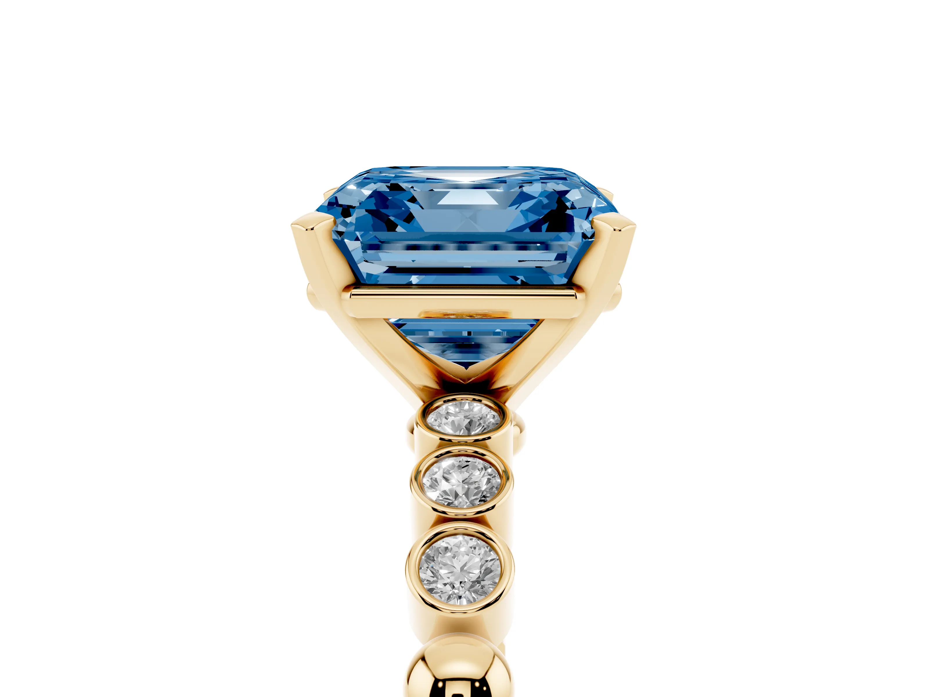 Fancy Blue Asscher Cut Diamond Solitaire Engagement Ring Set in Yellow gold with Bezel Accents on Beaded Band