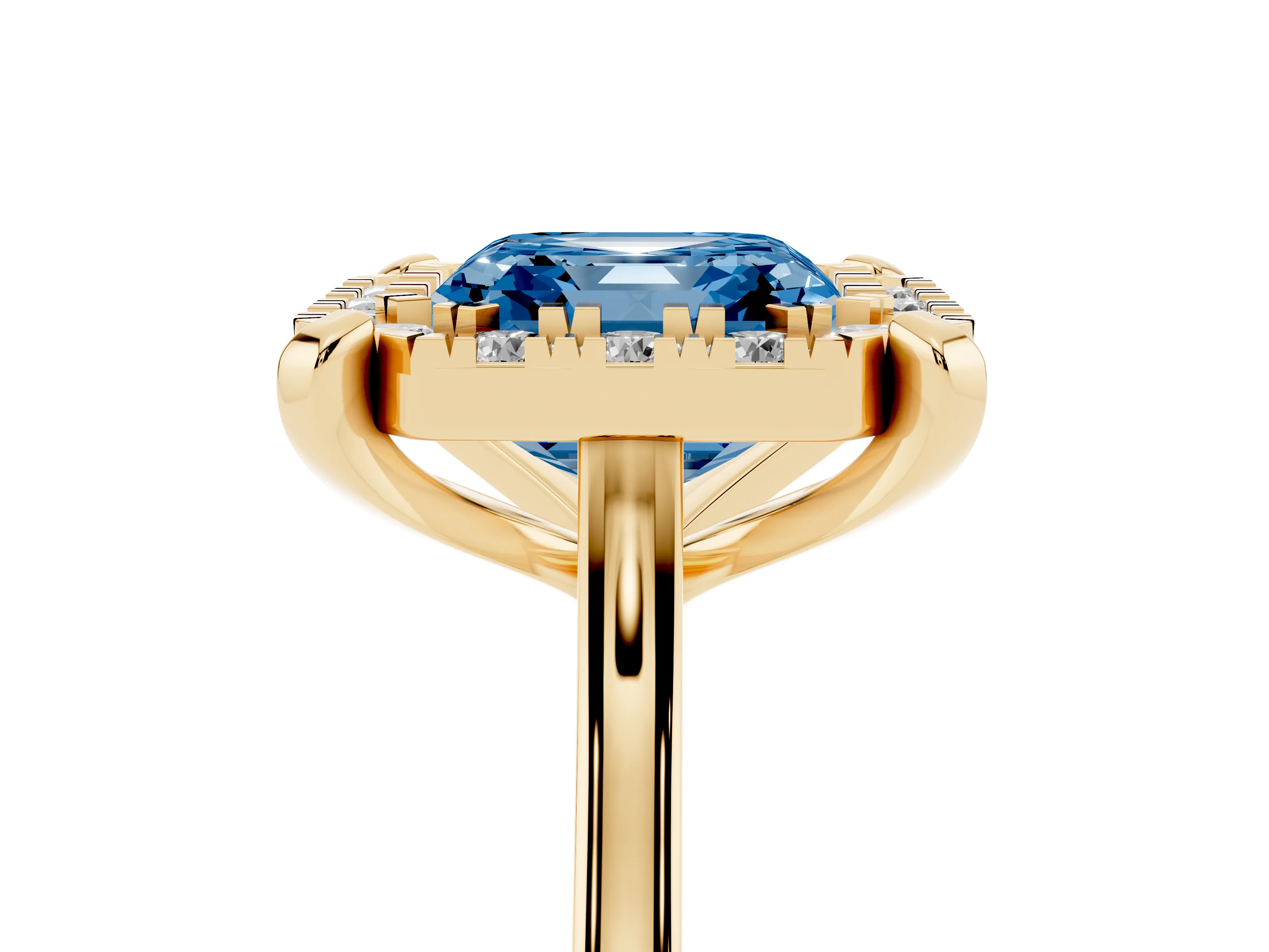 Fancy Blue Asscher Cut Diamond Cluster Halo Solitaire Ring Set in Yellow gold with Prong Setting