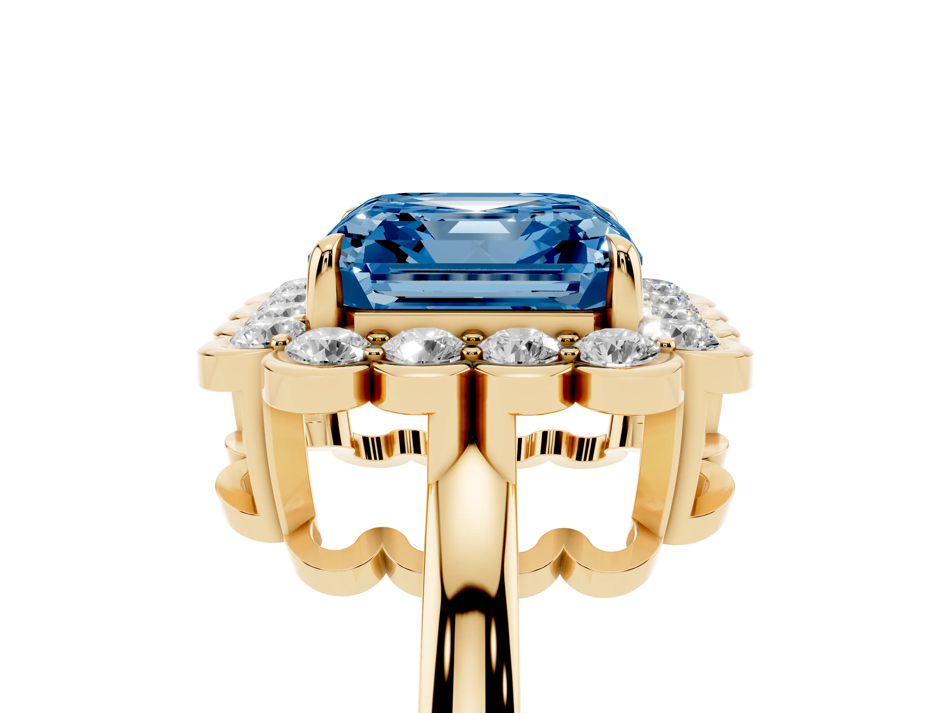Fancy Blue Asscher Cut Diamond Halo Cluster Engagement Ring Set in Yellow gold with Solitaire Band and Prong Setting