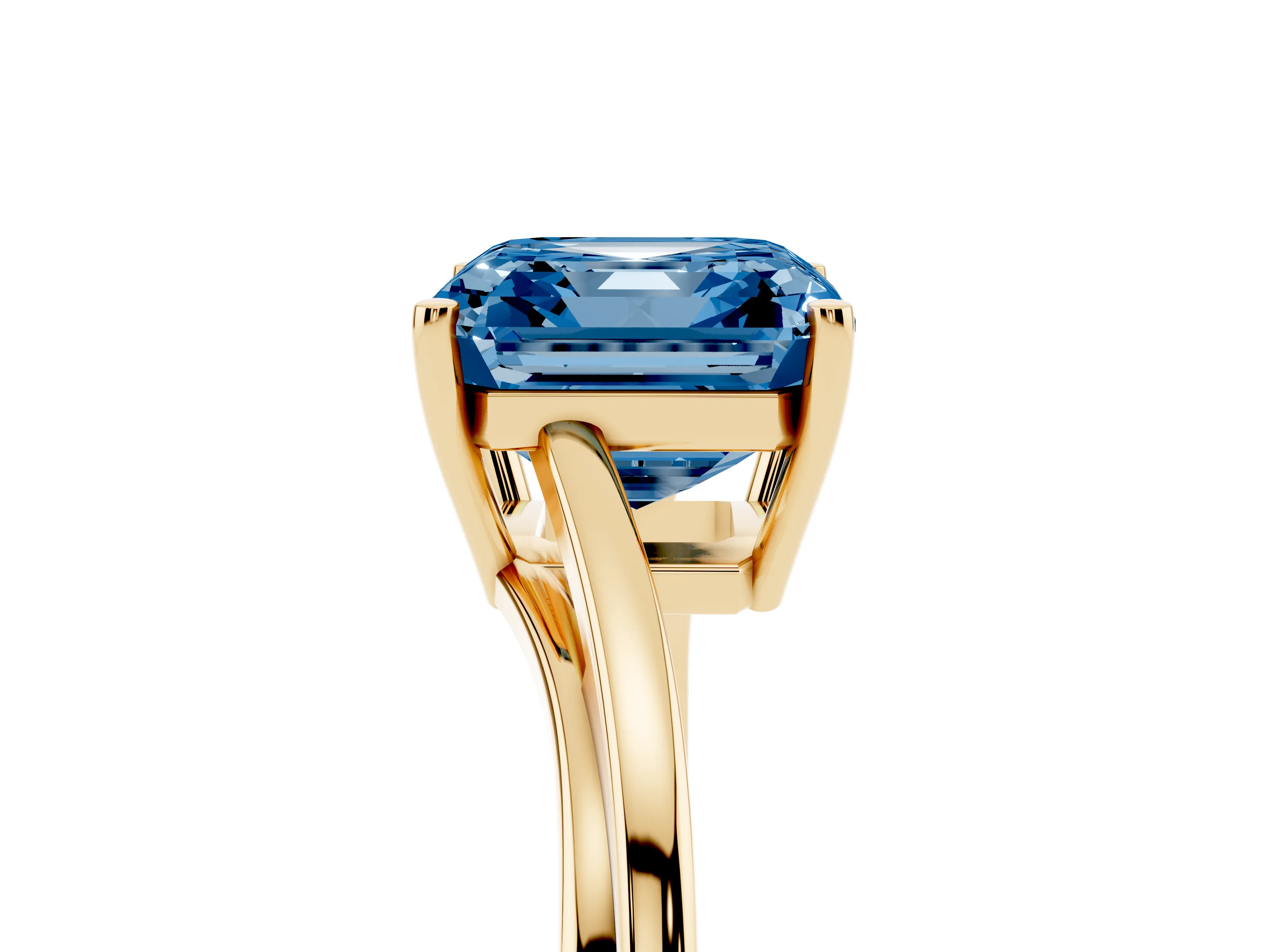 Fancy Blue Asscher Cut Diamond Solitaire Twist Band Ring Set in Yellow gold with Prong Setting