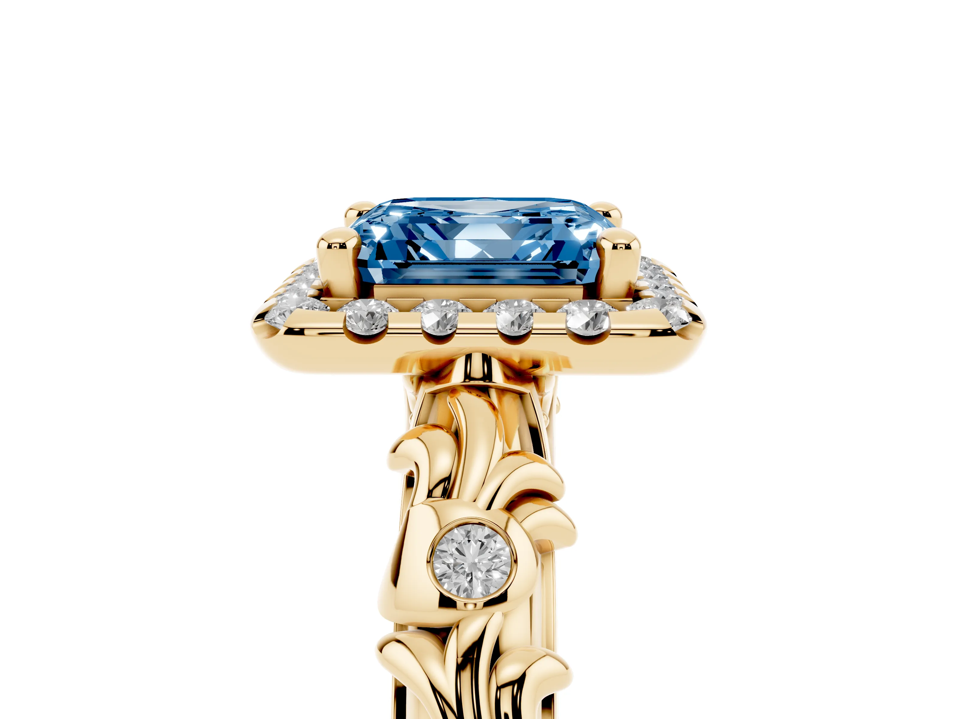 Fancy Blue Asscher Cut Diamond Halo Ring Set in Yellow gold with Filigree Leaf Band and Prong Setting