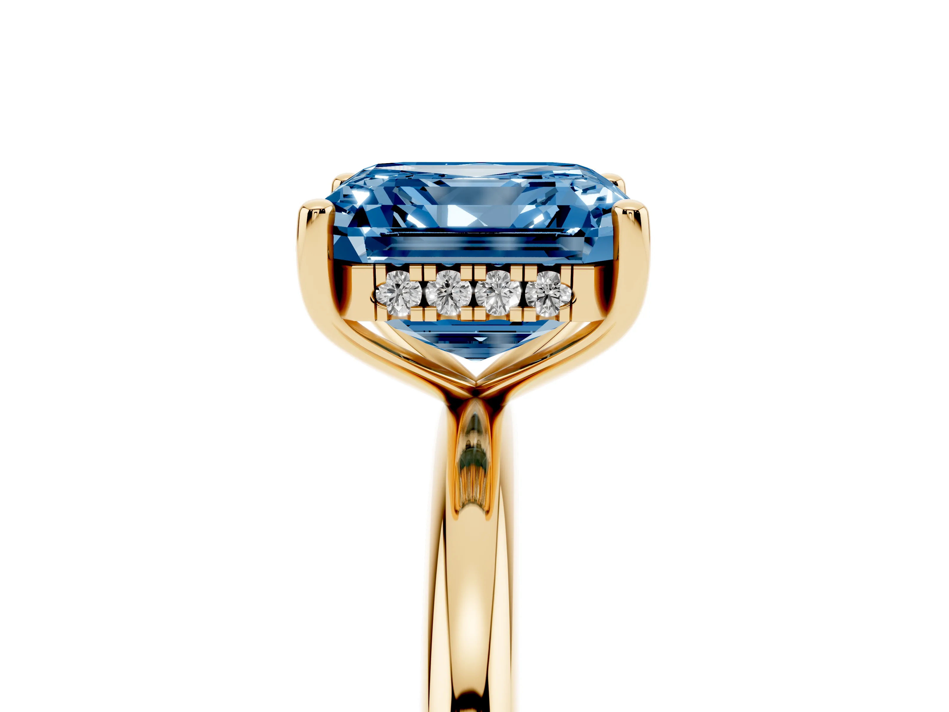 Fancy Blue Asscher Cut Diamond Solitaire Engagement Ring Set in Yellow gold with Prong Setting and Polished Band