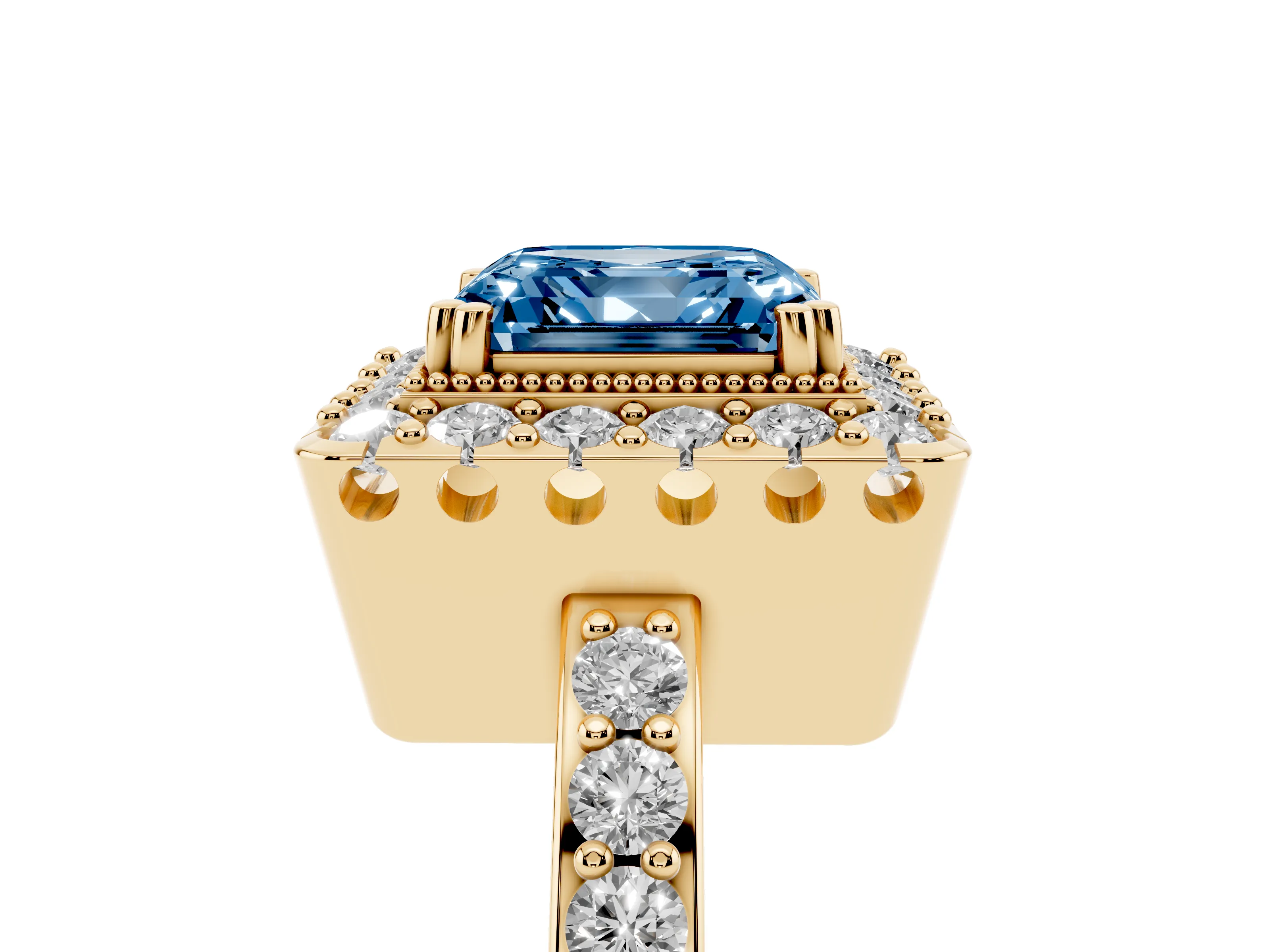 Fancy Blue Asscher Cut Diamond Halo Ring Set in Yellow gold with Pavé Shank and Prong Setting