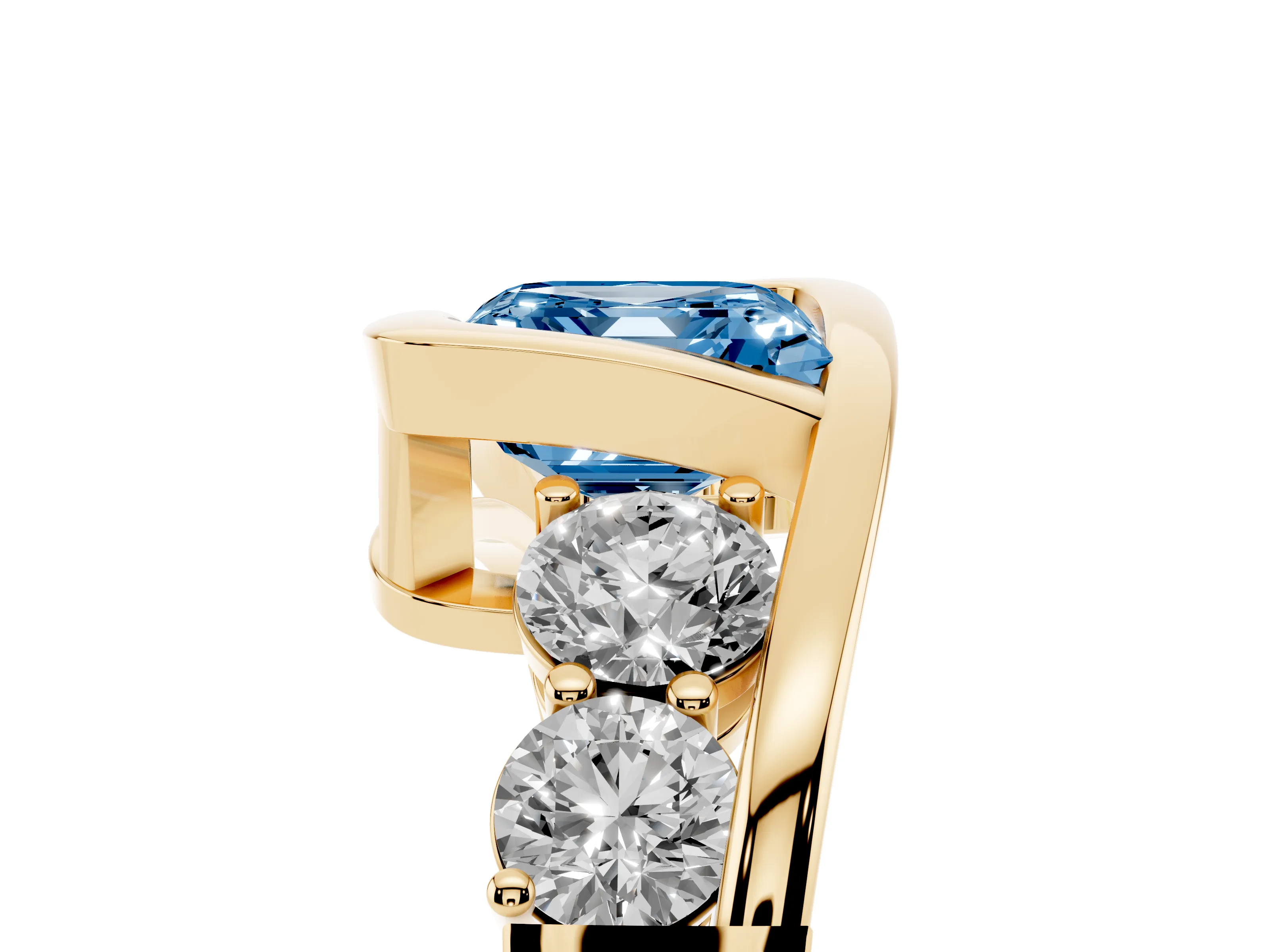Fancy Blue Asscher Cut Diamond Bezel Bypass Ring Set in Yellow gold with Round Accents