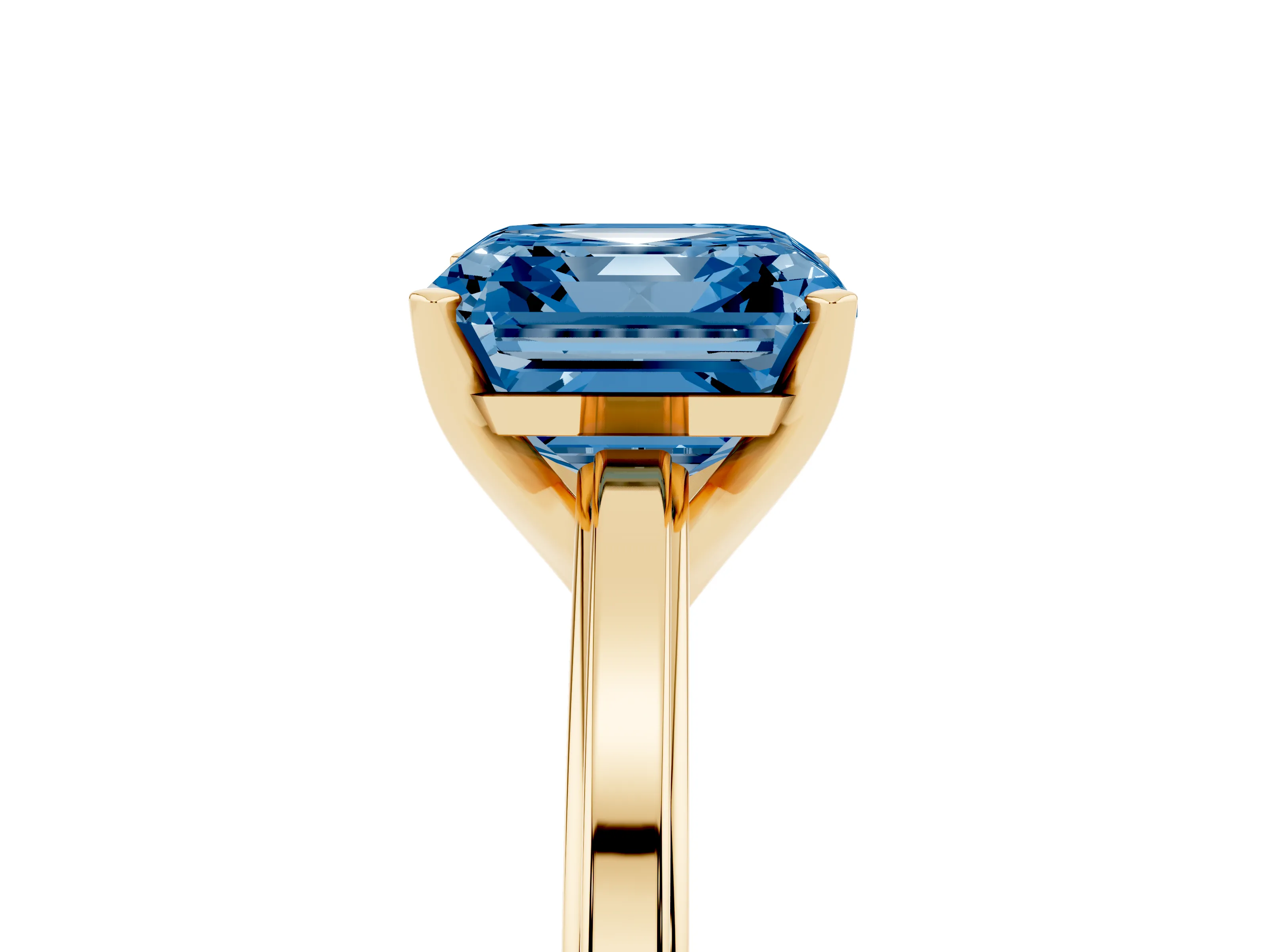 Fancy Blue Asscher Cut Diamond Solitaire Ring Set in Yellow gold with Prong Setting and Classic Band