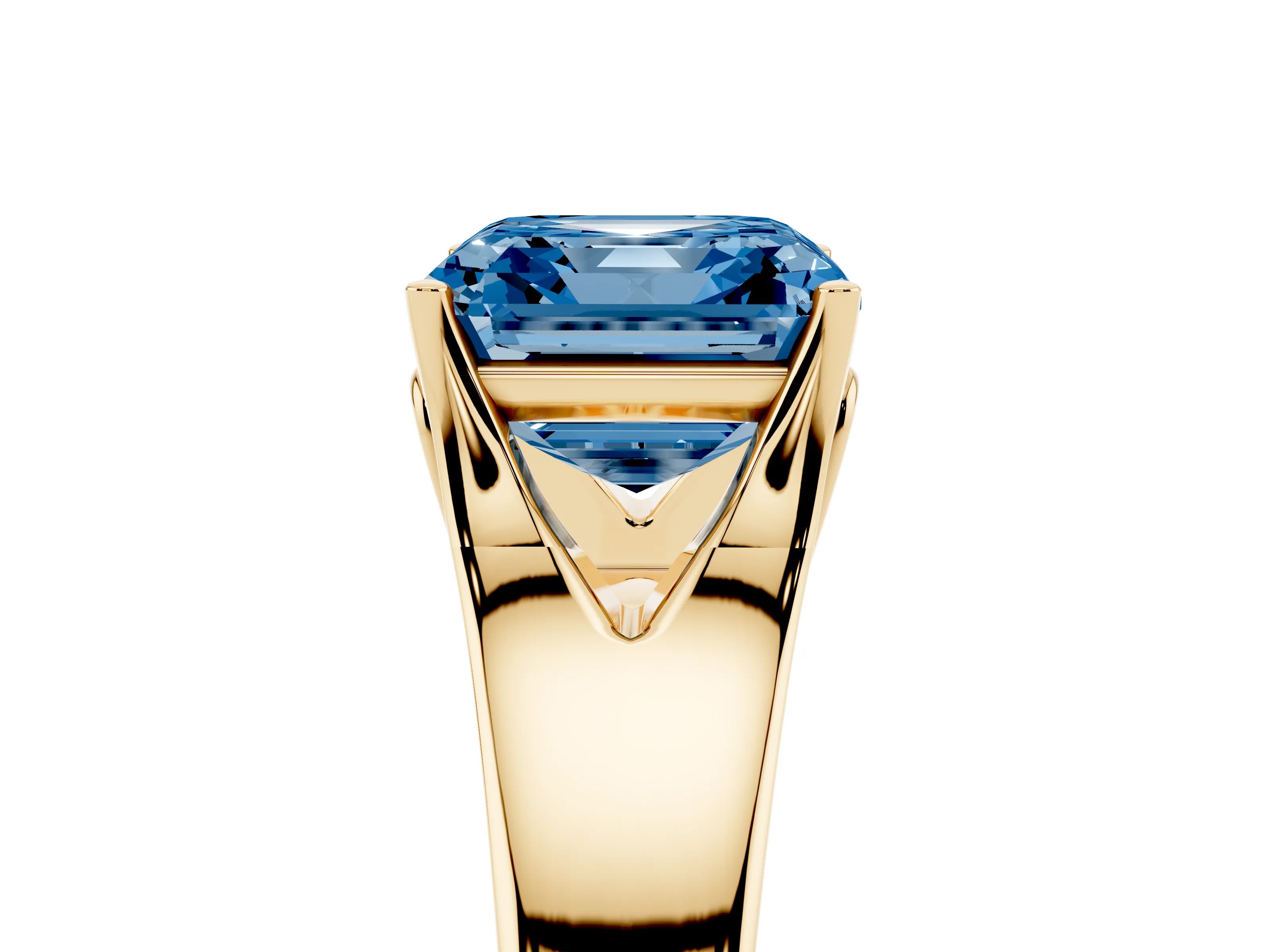 Fancy Blue Asscher Cut Diamond Solitaire Ring Set in Yellow gold with Arched Cathedral Band and Prong Setting