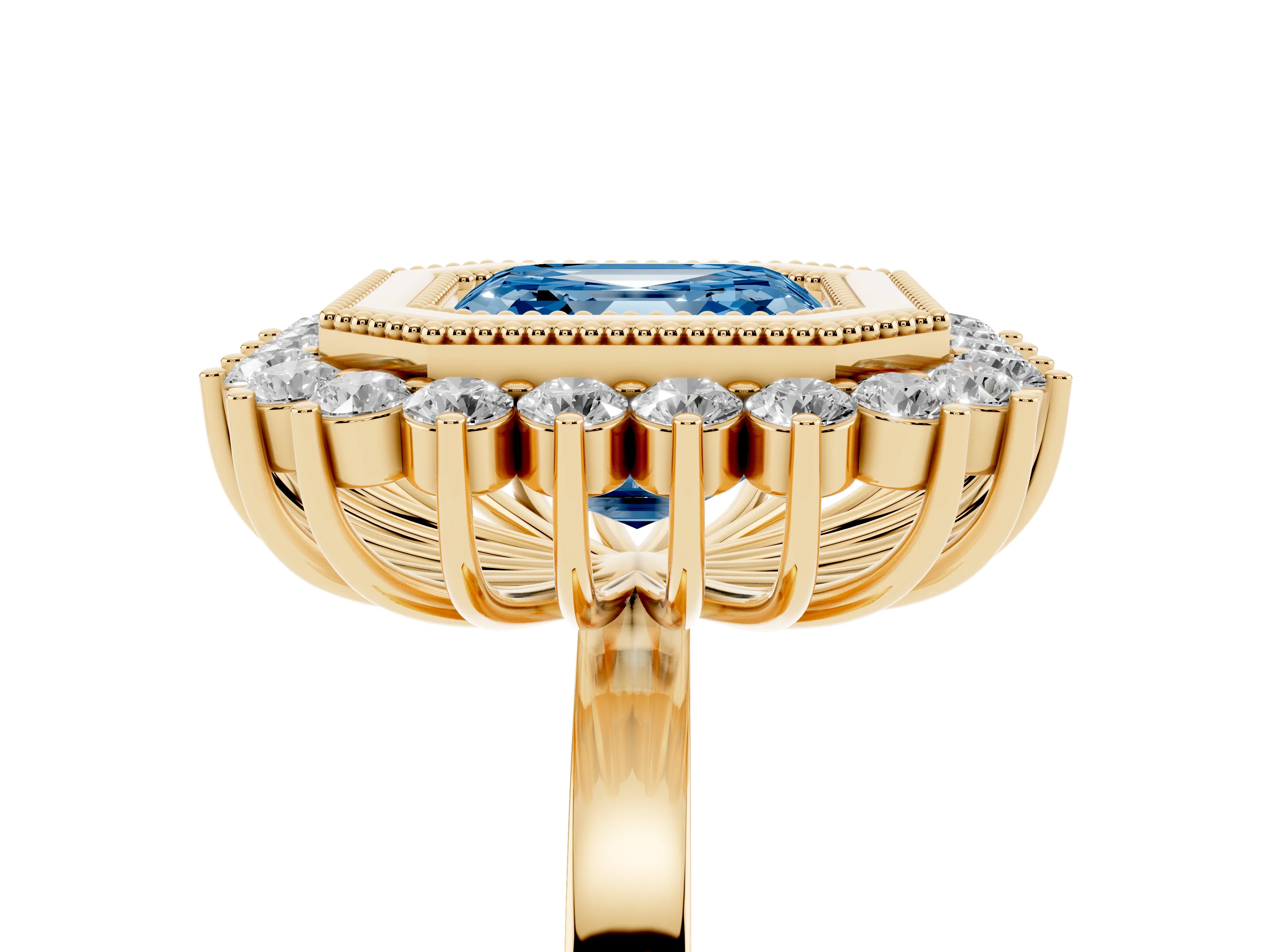 Fancy Blue Asscher Cut Diamond Halo Ring Set in Yellow gold with Milgrain Edge and Round Prong Setting