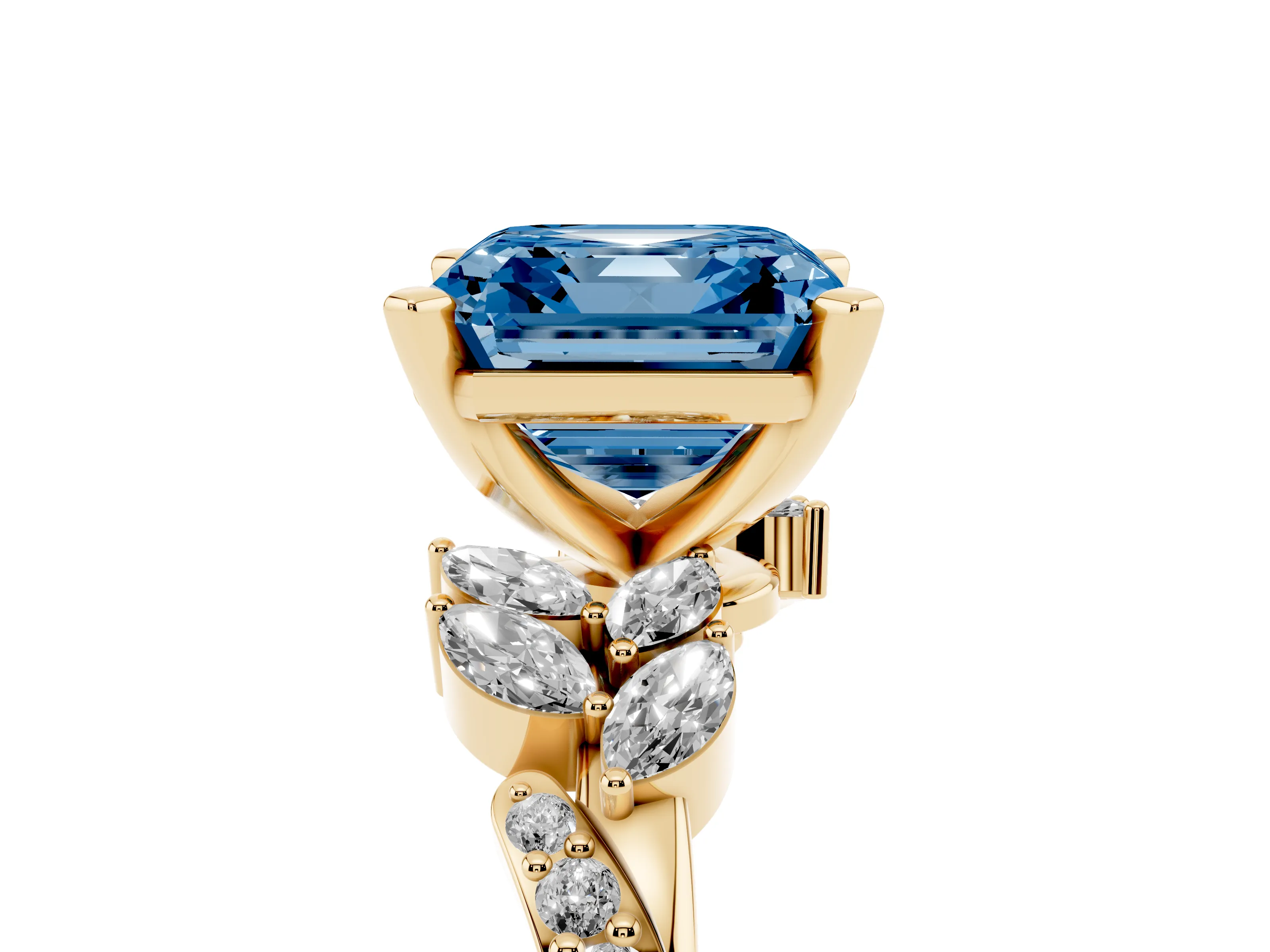 Fancy Blue Asscher Cut Diamond Solitaire Ring Set in Yellow gold with Marquise Twist Band and Prong Setting