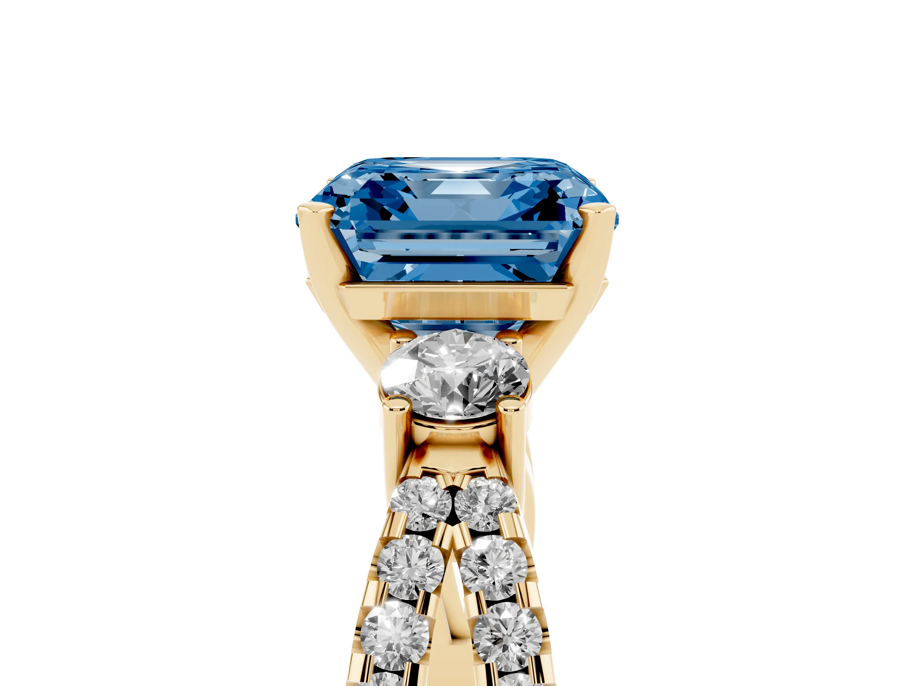 Fancy Blue Asscher Cut Diamond Three-Stone Ring Set in Yellow gold with Pavé Split Shank and Prong Setting