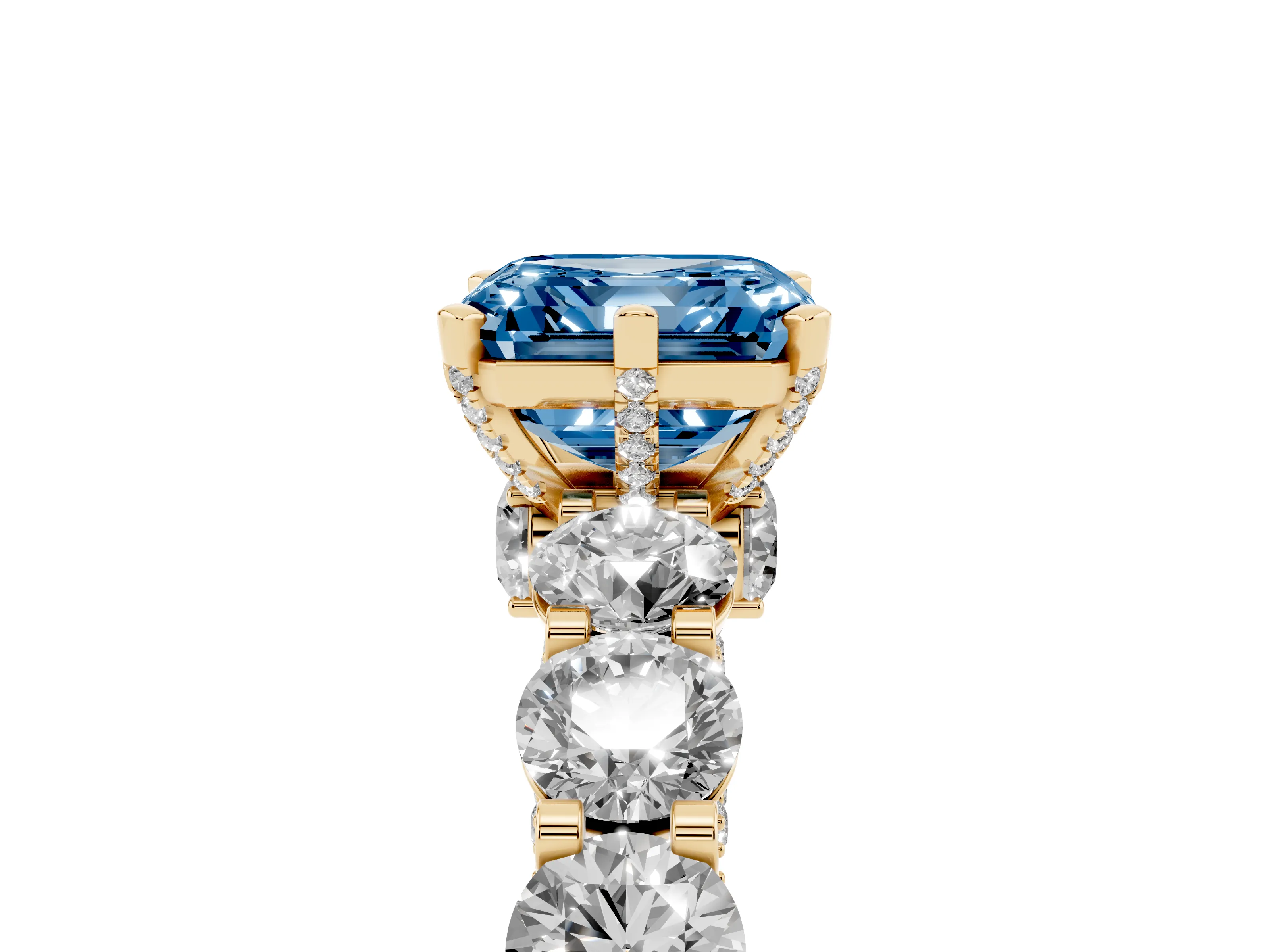 Fancy Blue Asscher Cut Diamond Side Stone Ring Set in Yellow gold with Alternating Round and Oval Side Stones