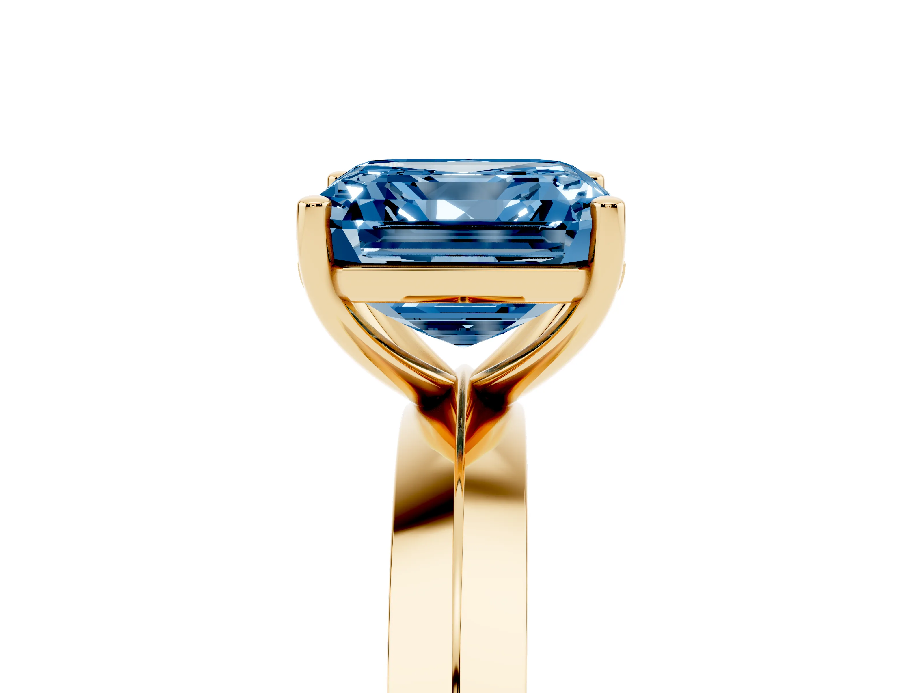 Fancy Blue Asscher Cut Diamond Solitaire Engagement Ring Set in Yellow gold with Flat Band and Prong Setting